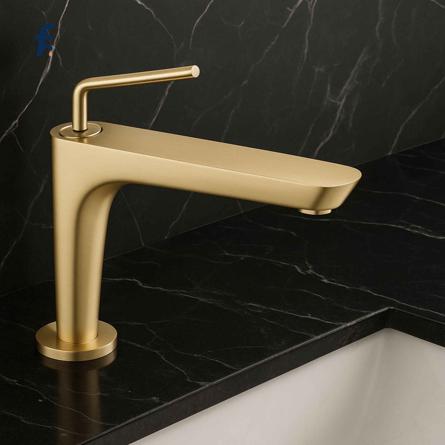 Gold faucet on a black marble countertop, Brushed gold luxury bathroom faucet front view on black Italian marble