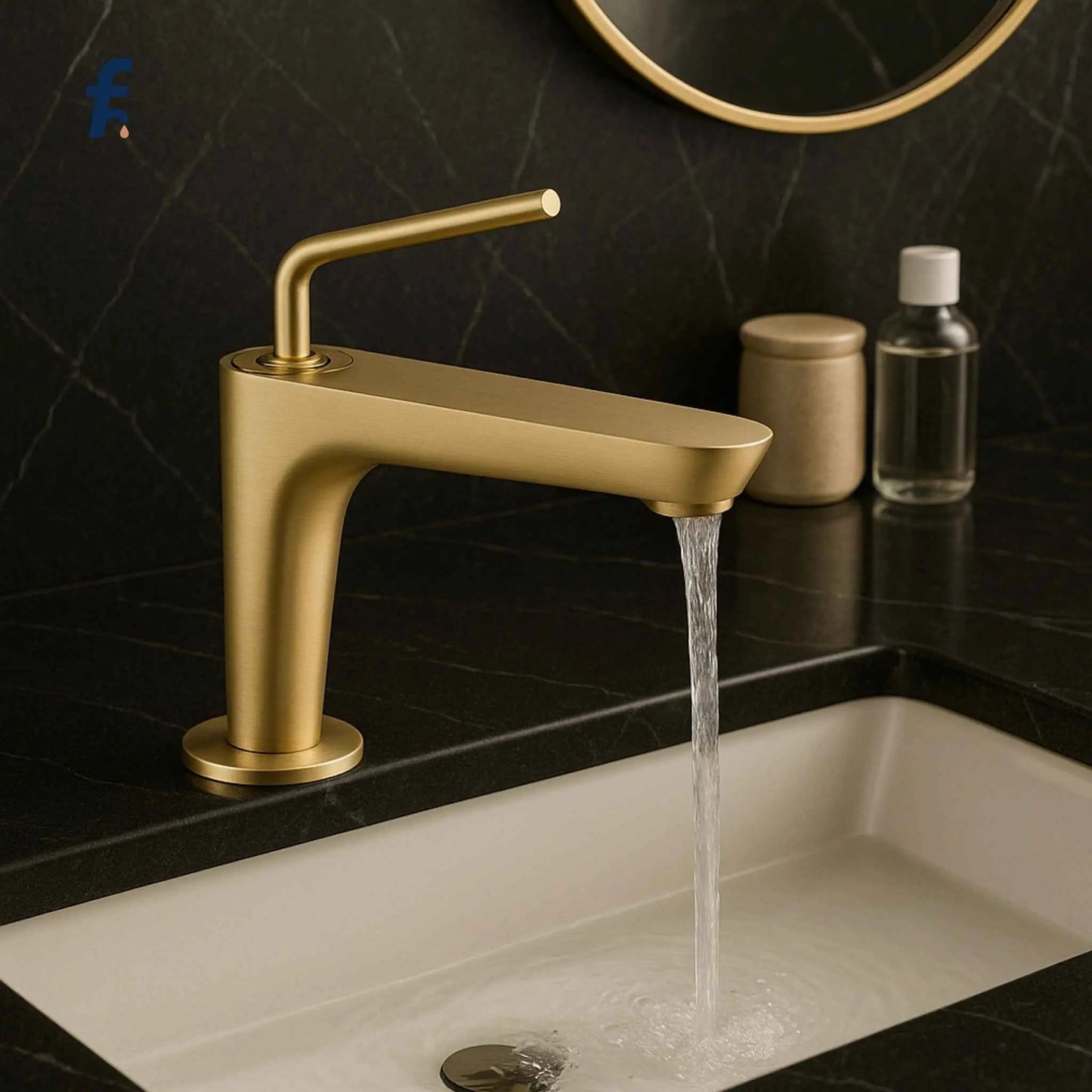 Gold faucet with running water in a bathroom setting, Vanity view of brushed gold bathroom faucet with black marble countertop