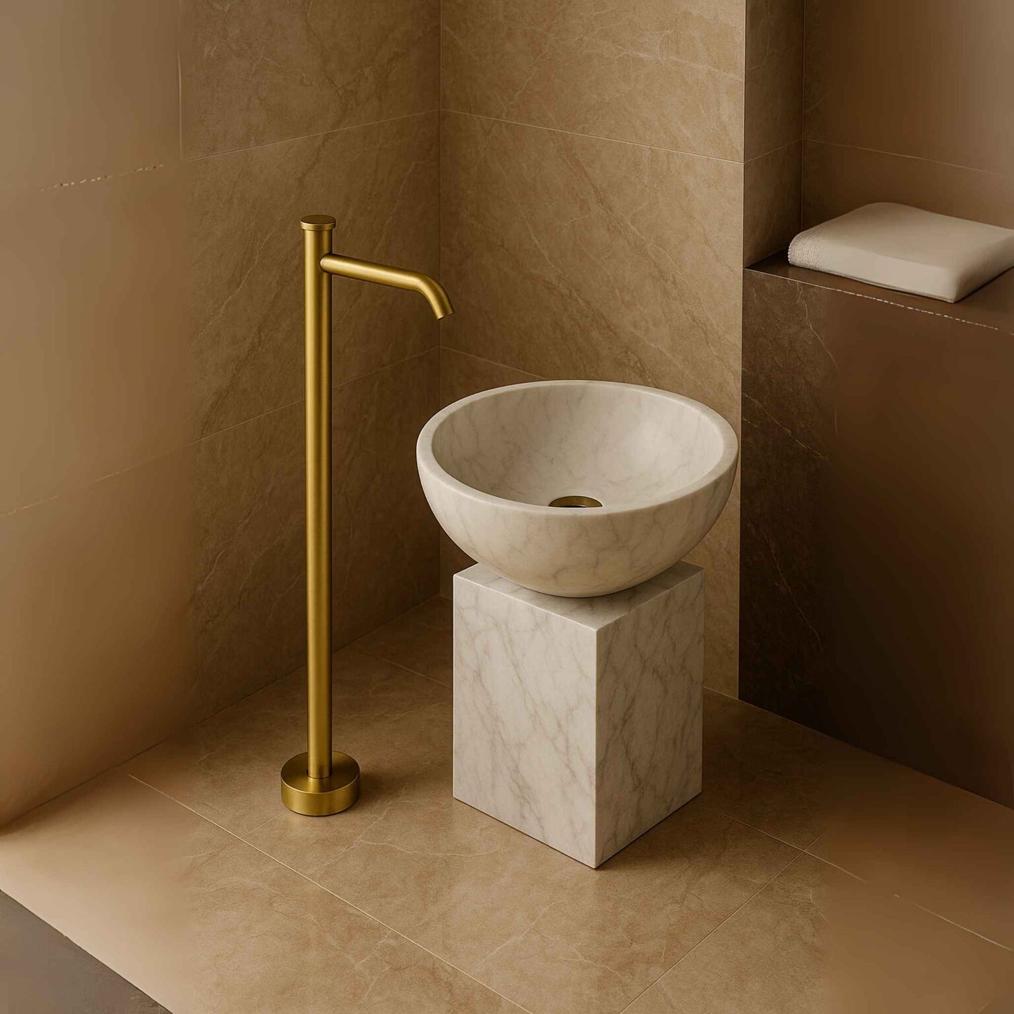 Brushed Gold Floor Mounted Basin Mixer Tap – Luxury Freestanding Faucet for Modern Bathrooms