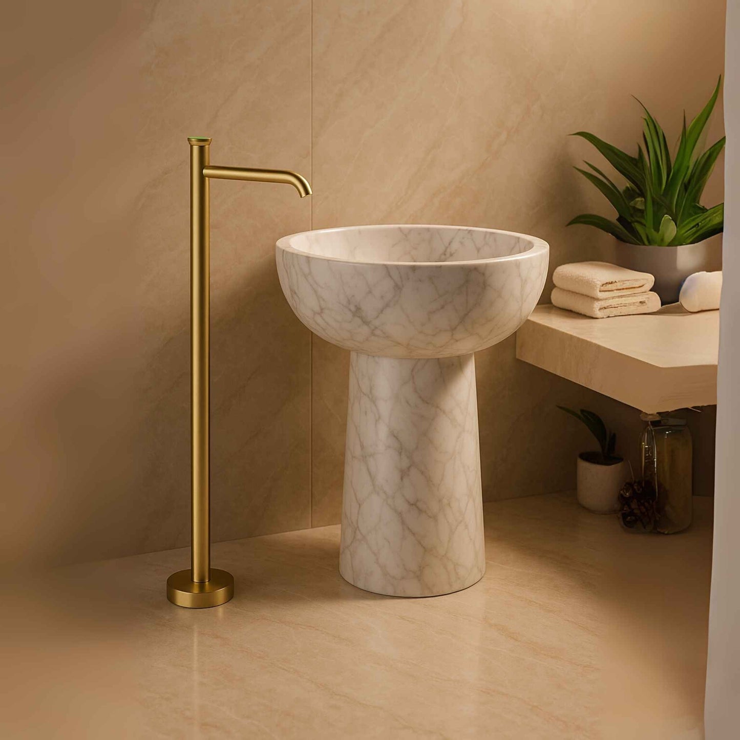 Side angle of tall brushed gold freestanding faucet tap