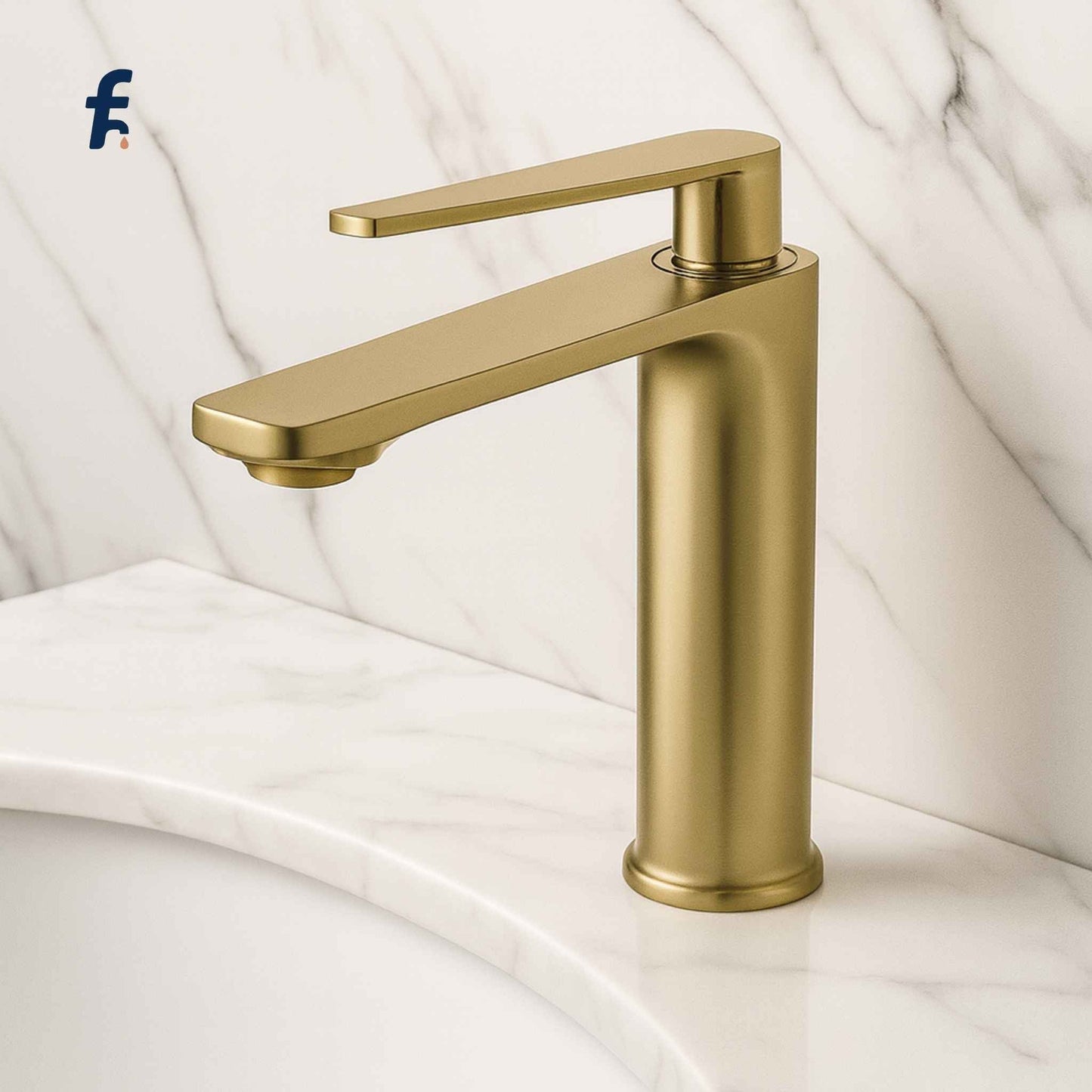 Gold faucet on a white marble background, Brushed gold tall basin faucet front view