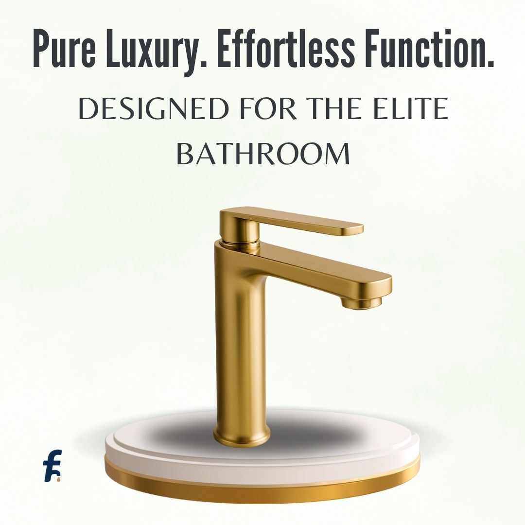 Gold faucet on a white background with text 'Pure Luxury. Effortless Function. Designed for the elite bathroom'. Side close-up of luxury brushed gold faucet for pedestal basin
