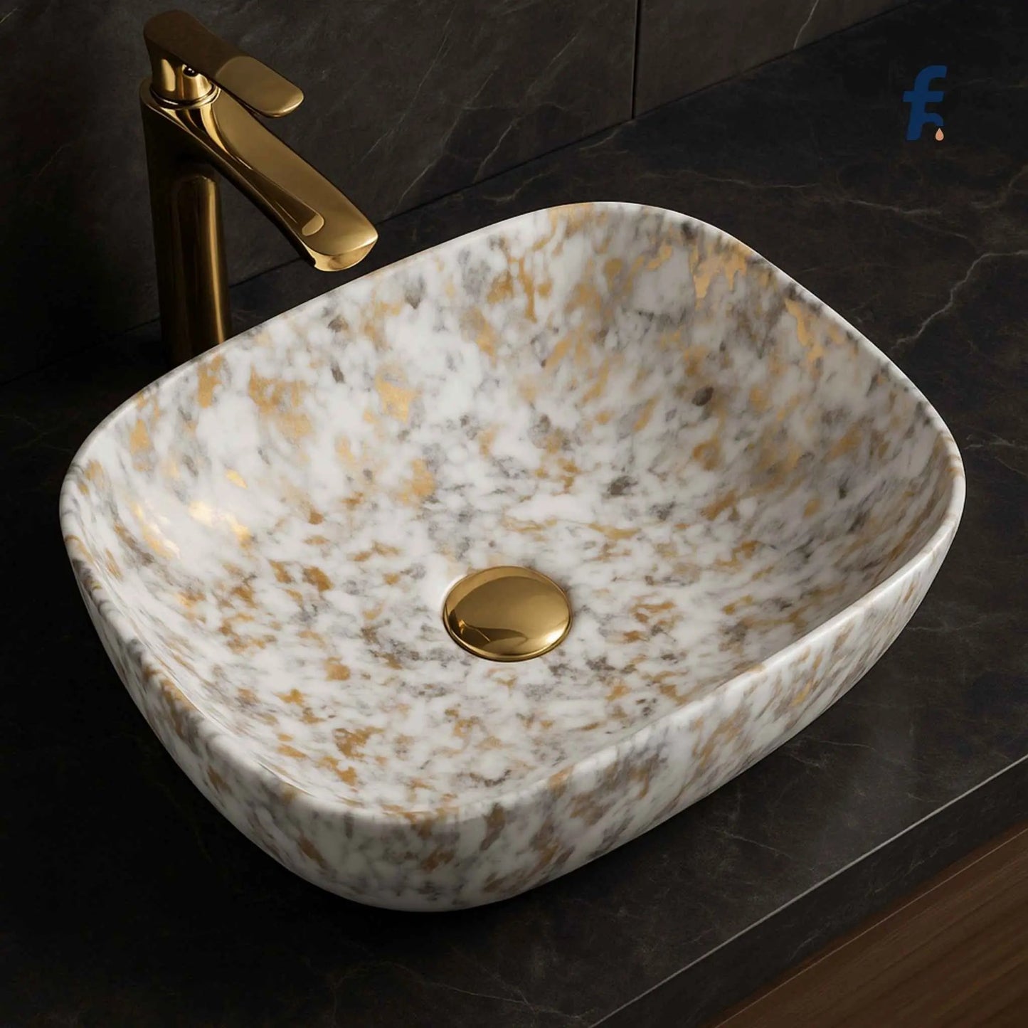 Marble-patterned sink with gold faucet on a dark countertop, affordable ceramic basin top angle marble pattern