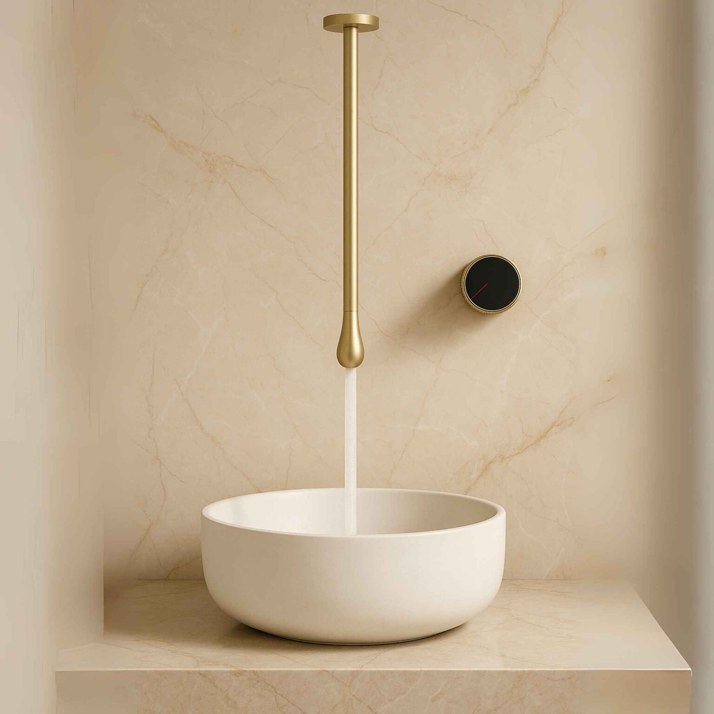 Front view of luxury ceiling-mounted waterfall mixer tap in brushed gun gold for modern bathrooms