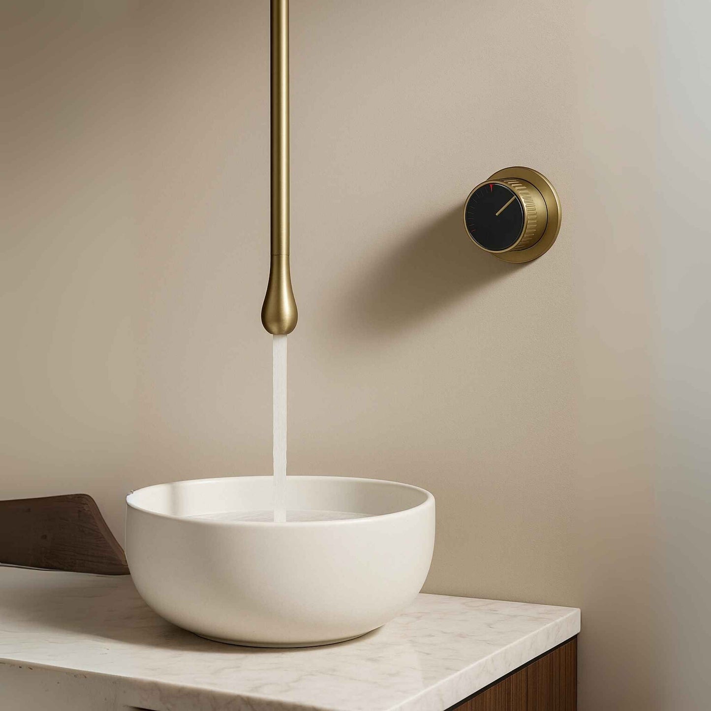Side angle of designer ceiling-mounted basin mixer in gun gold finish with soft flow faucet