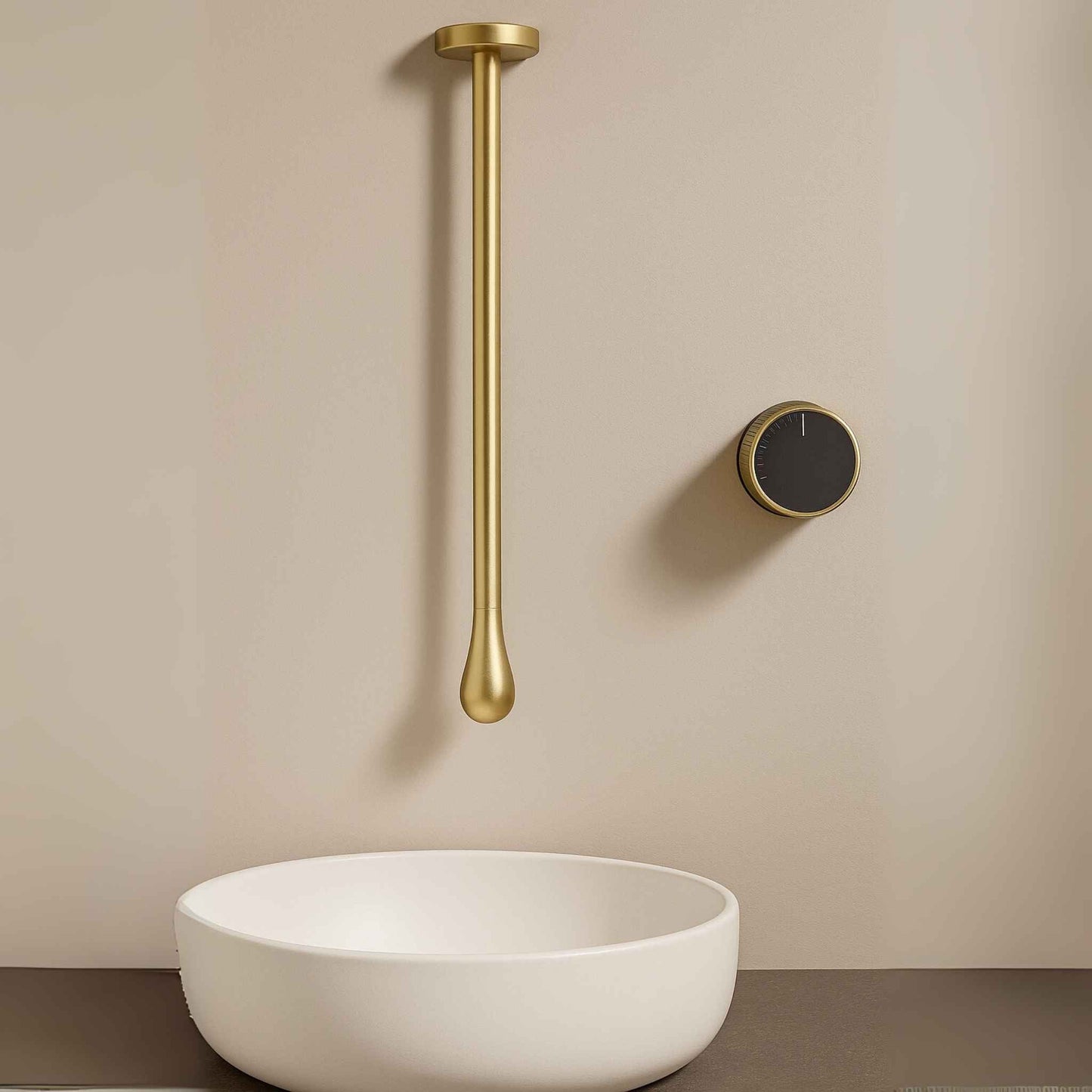 Top angle of gun gold floor-standing faucet showing elegant ceiling connection and sleek design
