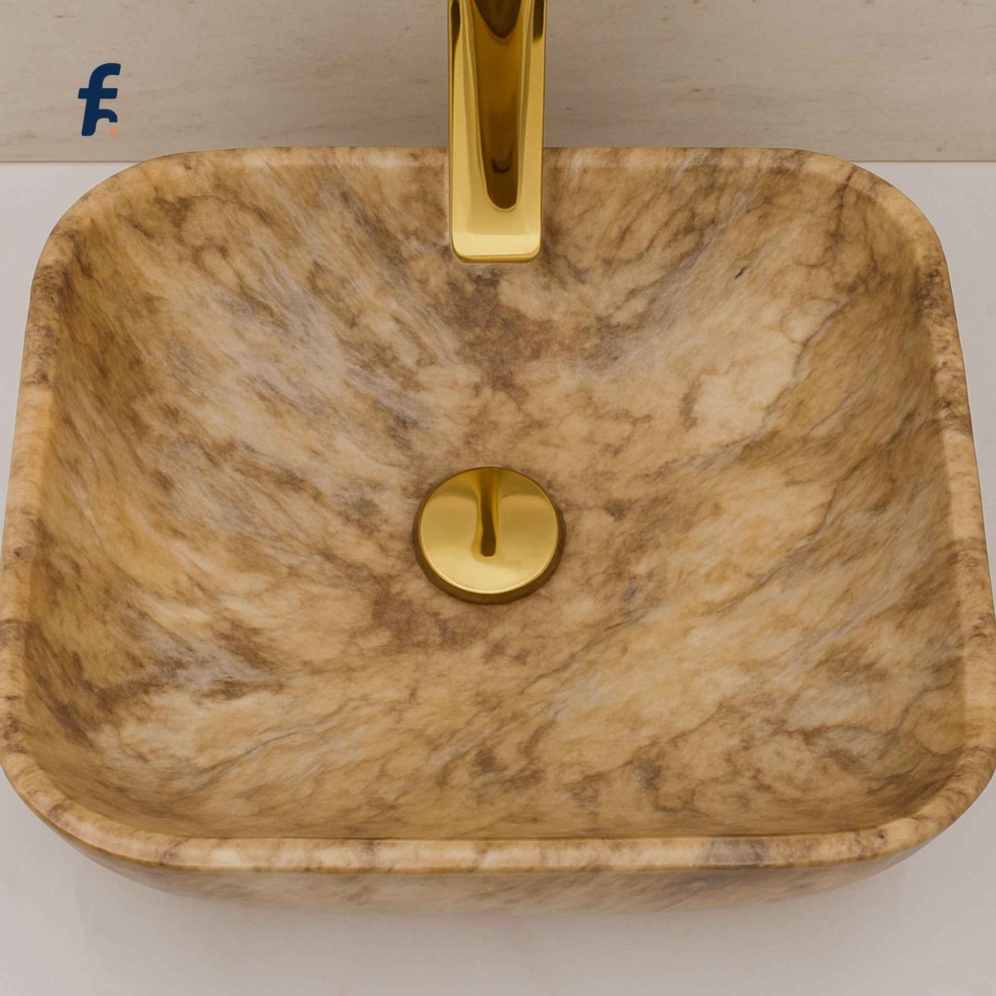 Marble-patterned sink with gold faucet on a neutral background, 18x13 inch rectangular marble print wash basin for vanity.