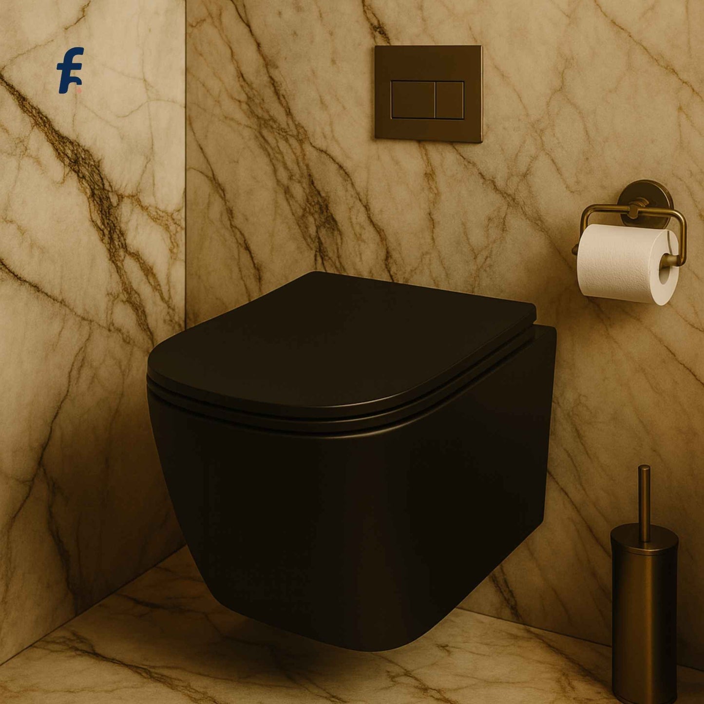 Black wall-mounted toilet in a bathroom with marble walls and a toilet paper holder.