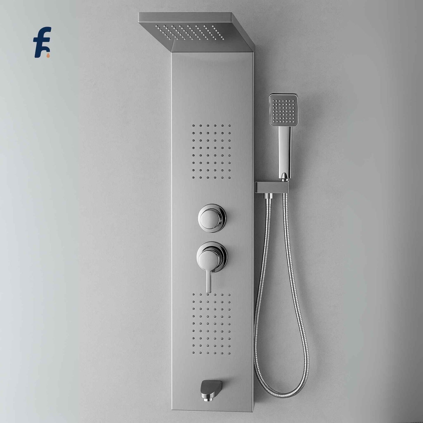 Stainless steel shower panel with rain shower head, handheld shower, and control buttons on a gray wall. Front close-up of chrome 5-in-1 shower panel with massage jets