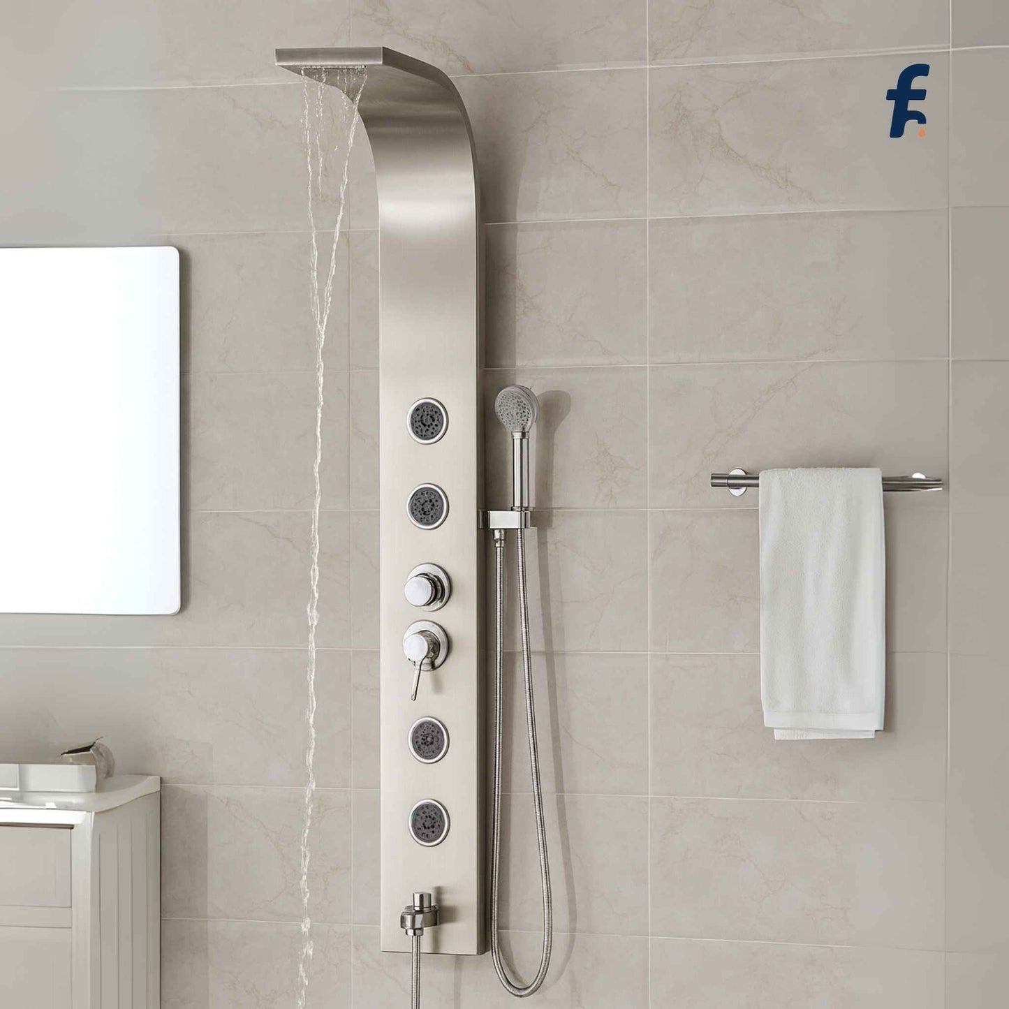 Shower panel system with multiple control buttons and a handheld shower head mounted on a tiled bathroom wall. Spacious bathroom featuring luxury chrome shower panel with curved design and multiple jets