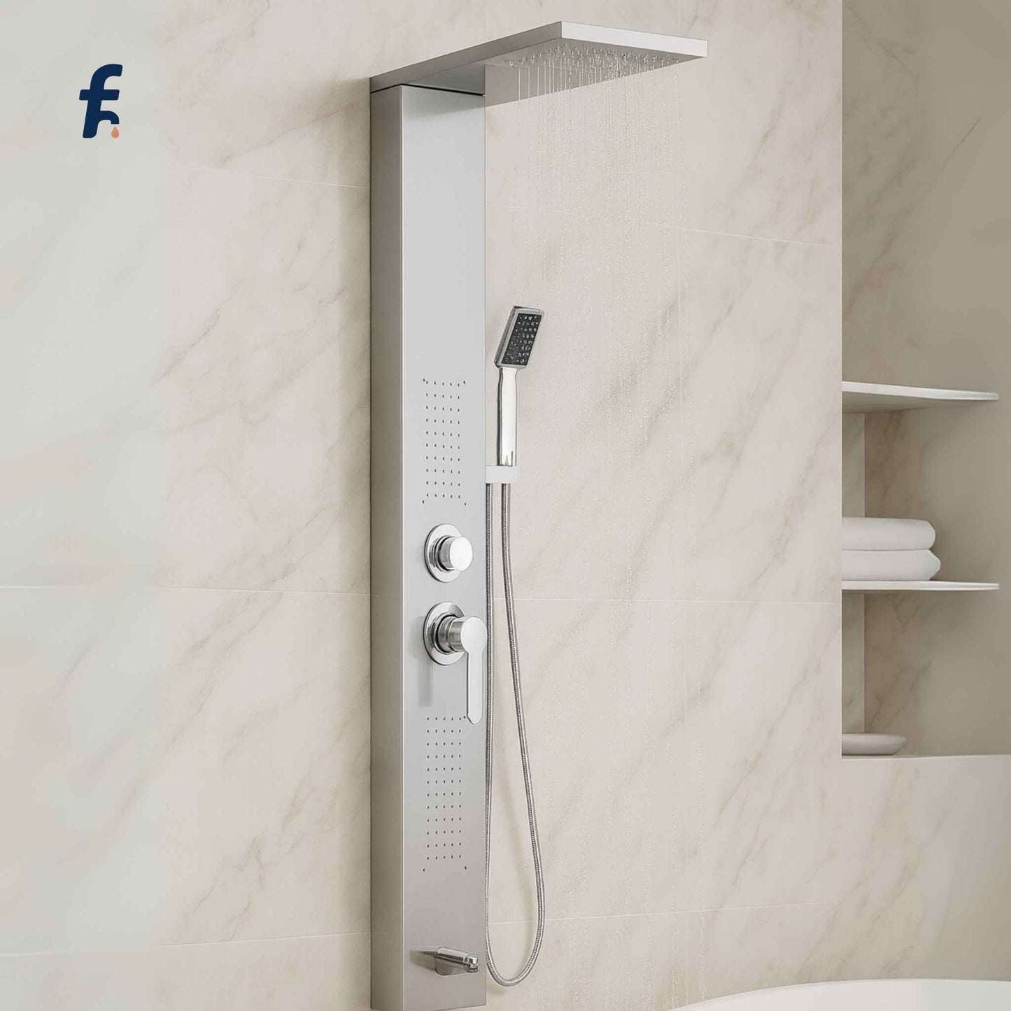 Shower panel system mounted on a tiled wall in a bathroom. Chrome shower panel in luxurious white marble bathroom