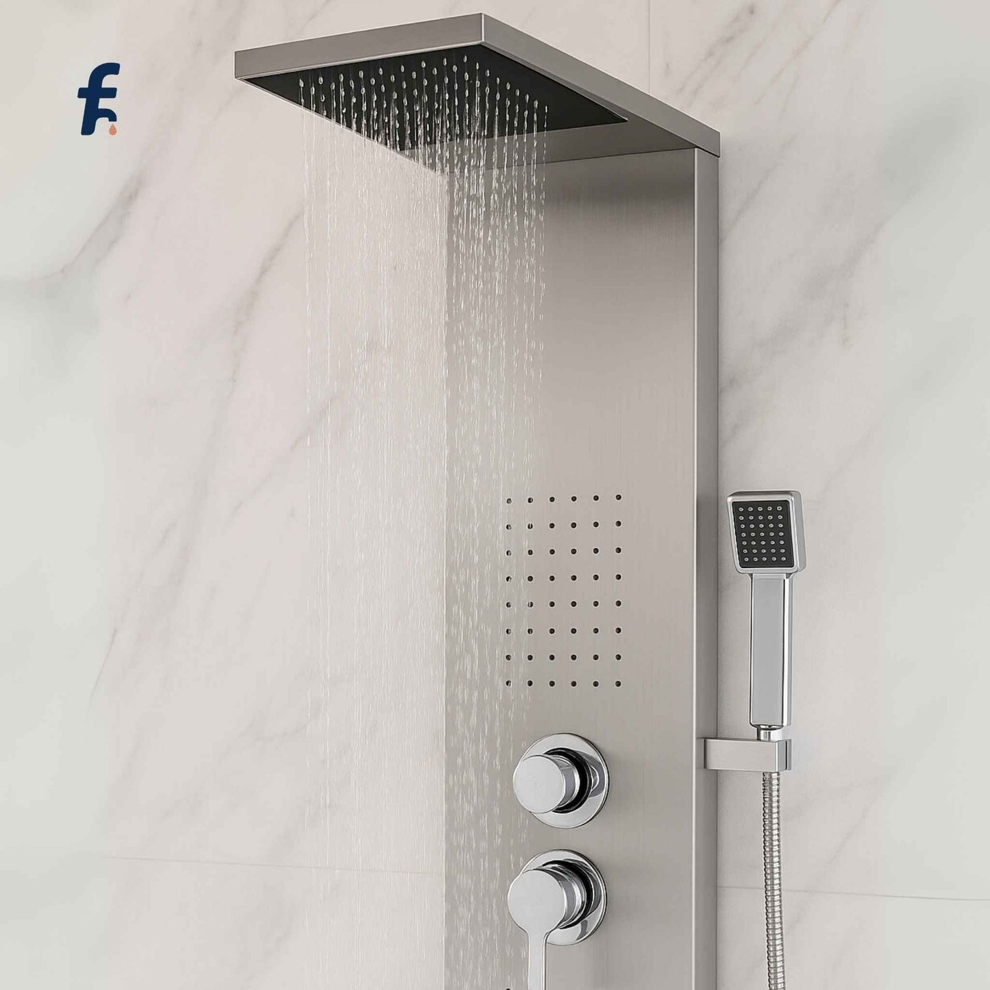 Shower system with rain shower head and handheld shower on a marble wall background, Water flowing from chrome shower head in modern bathroom.