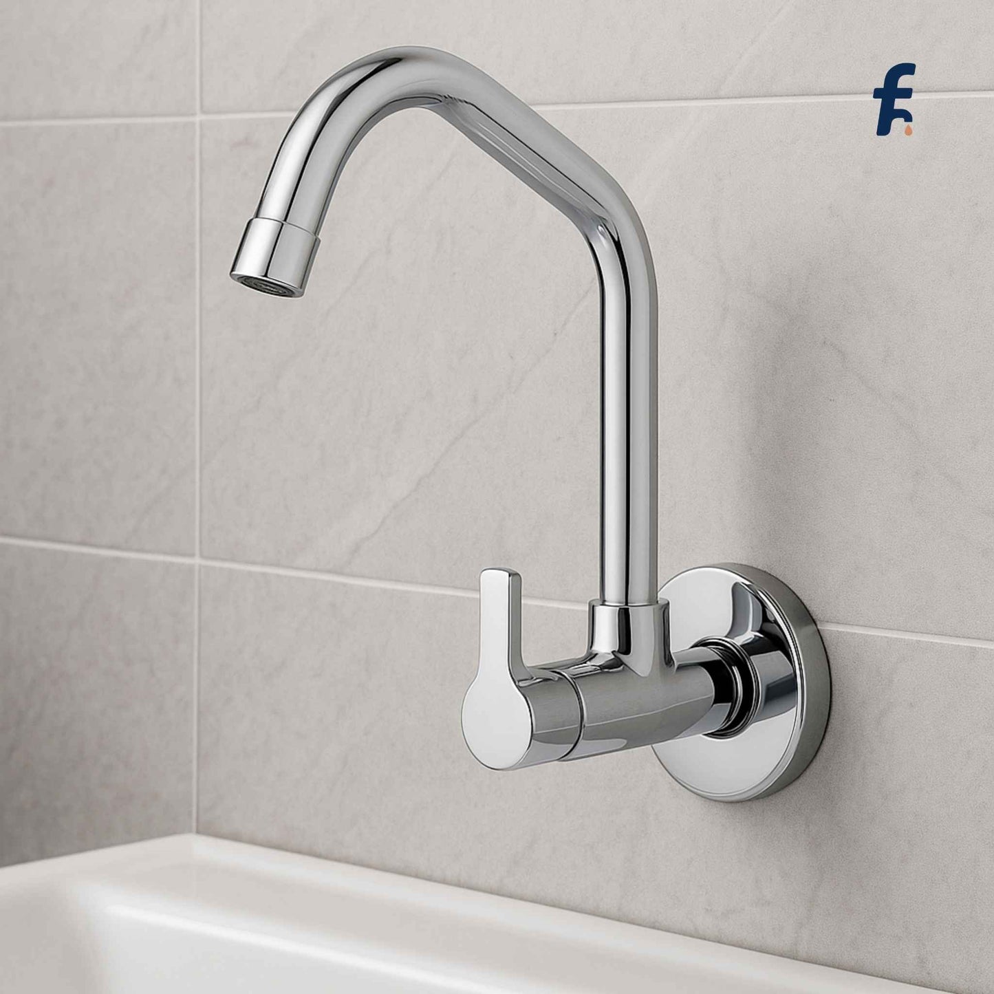 Chrome kitchen faucet mounted on a tiled wall, Chrome sink cock with extended swinging spout and wall flange – affordable wall-mounted kitchen faucet from StreamLite Series"