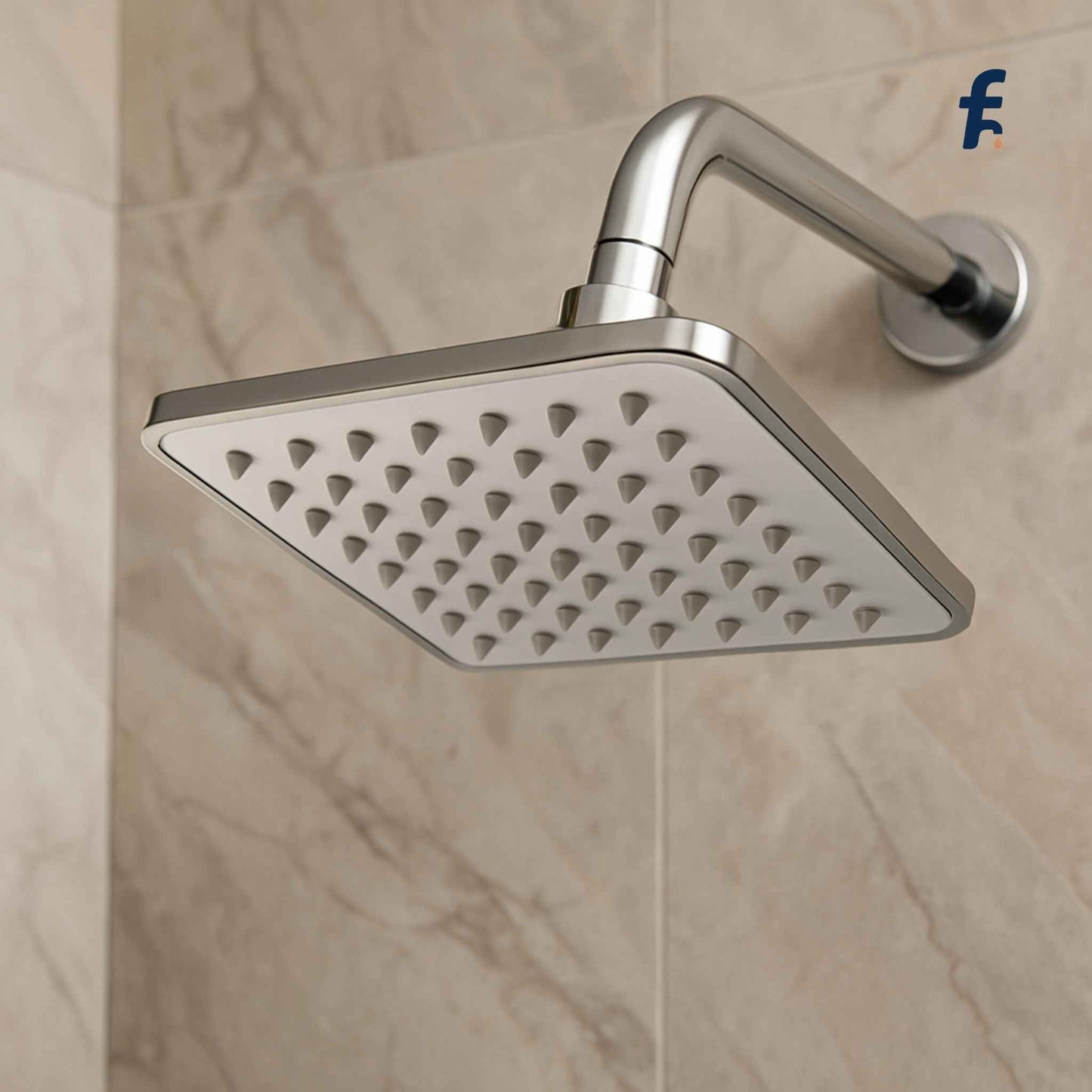 Metallic shower head mounted on a tiled wall, Close-up of rectangular chrome sandwich shower head showing anti-clog silicone nozzles