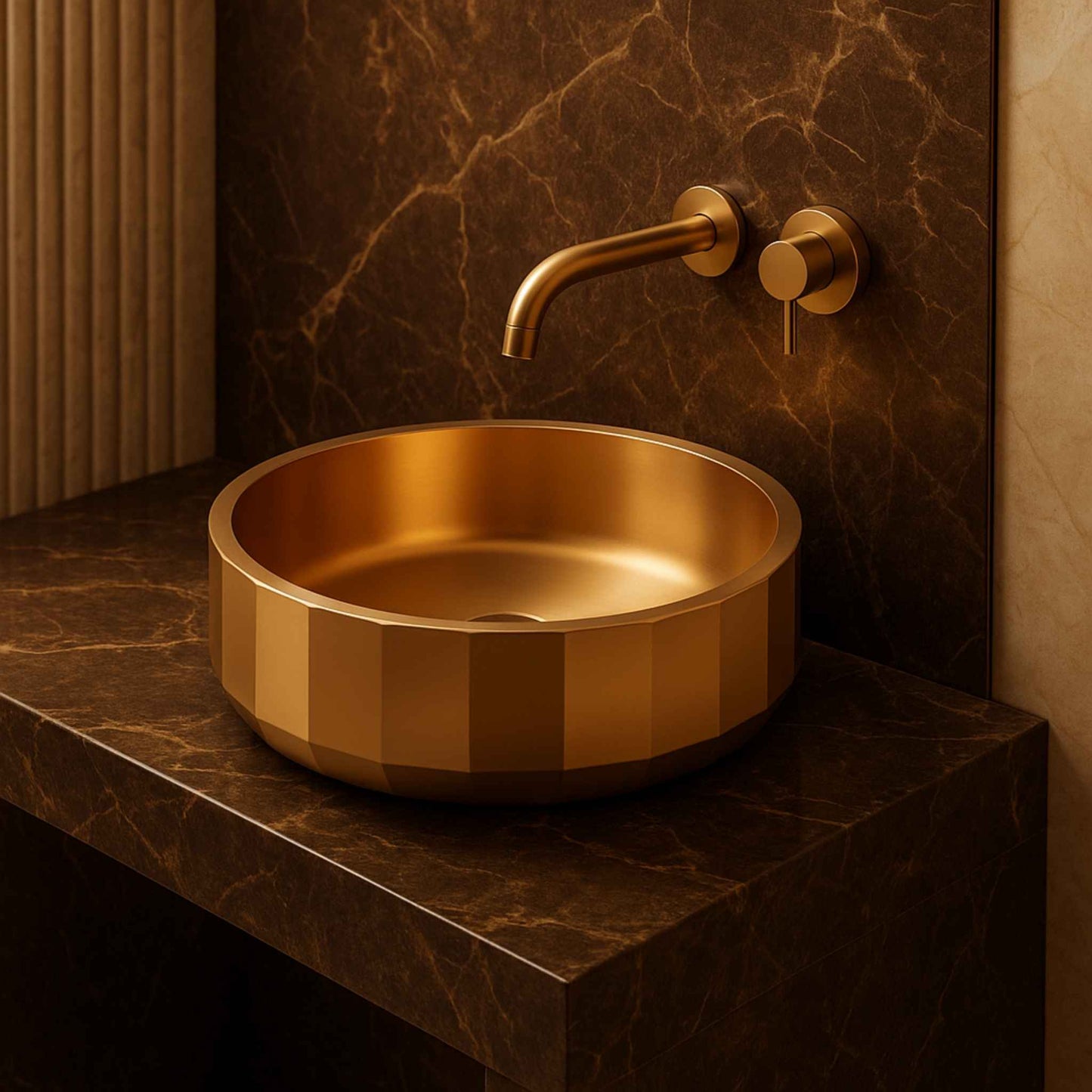 Close-up of EQST-006 rose gold basin highlighting the faceted polygonal design and premium PVD finish