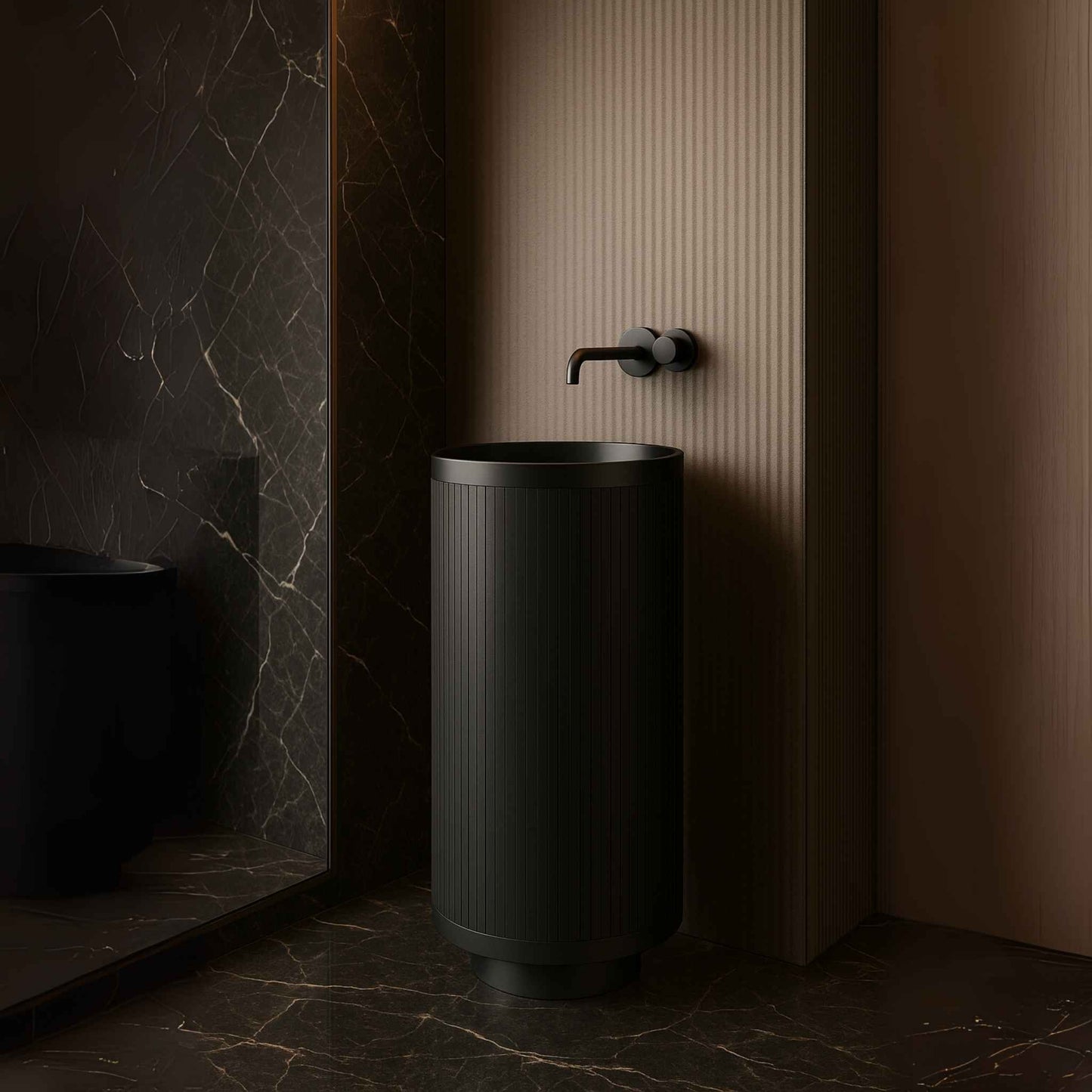 Close-up of black fluted pedestal sink in luxury setting