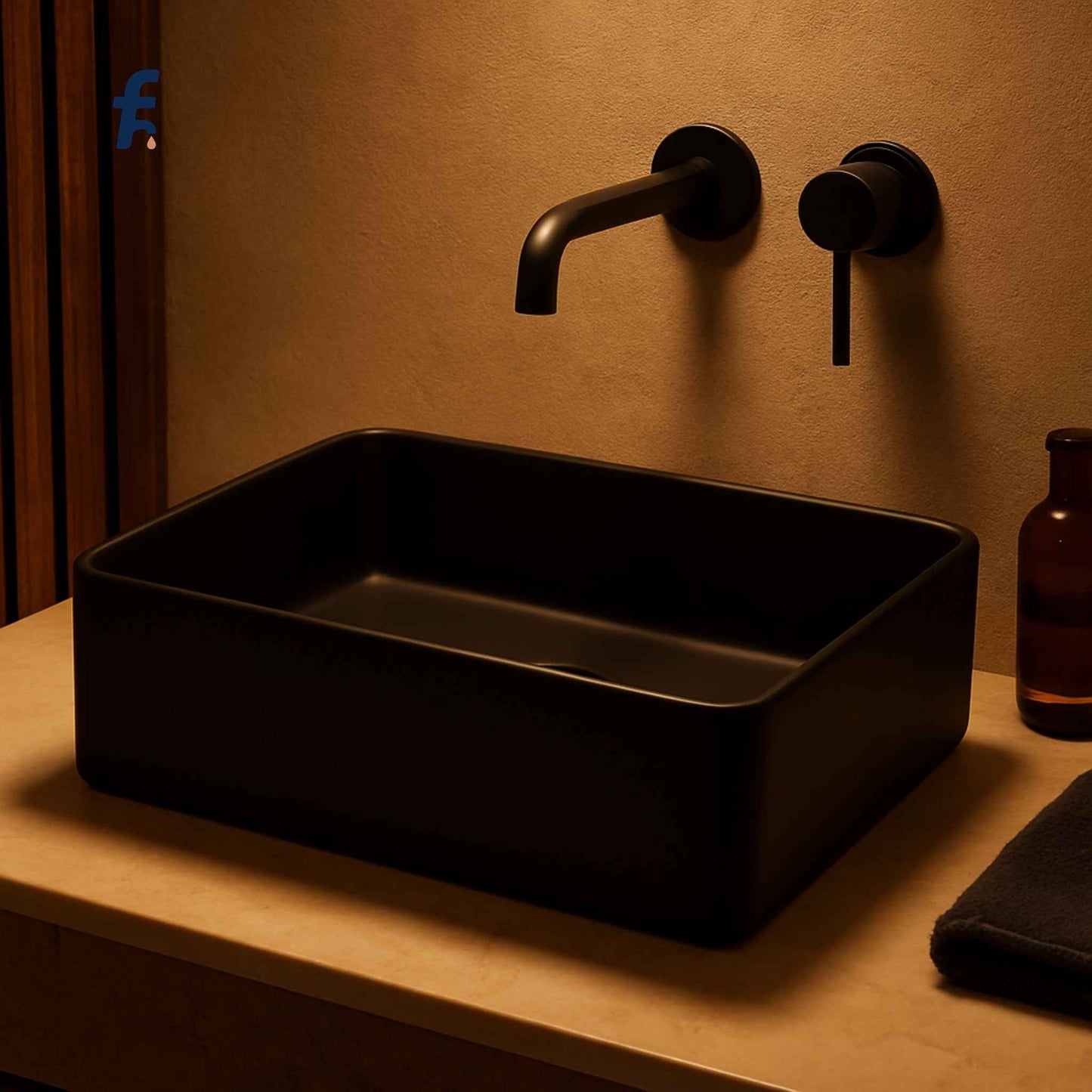 Close-up shot of modern matte black melamine basin with cozy lighting