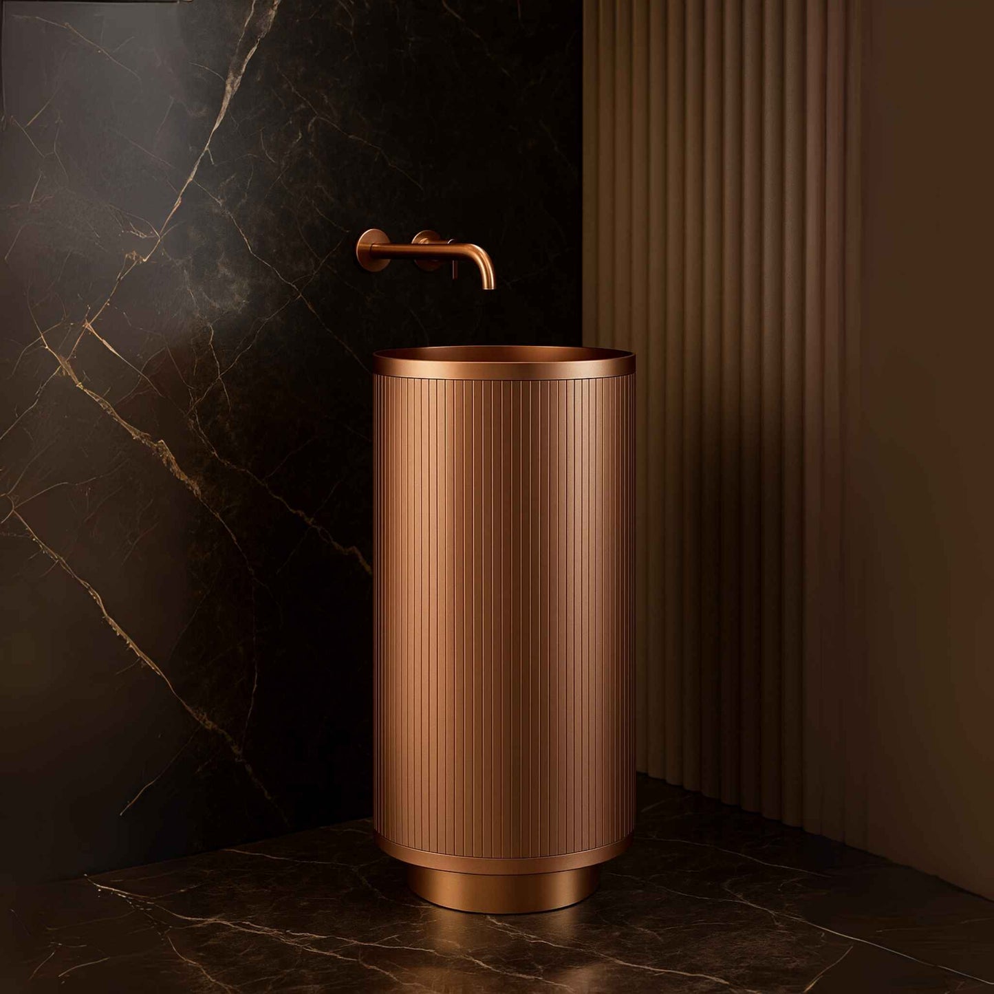 Close up of rose gold freestanding wash basin