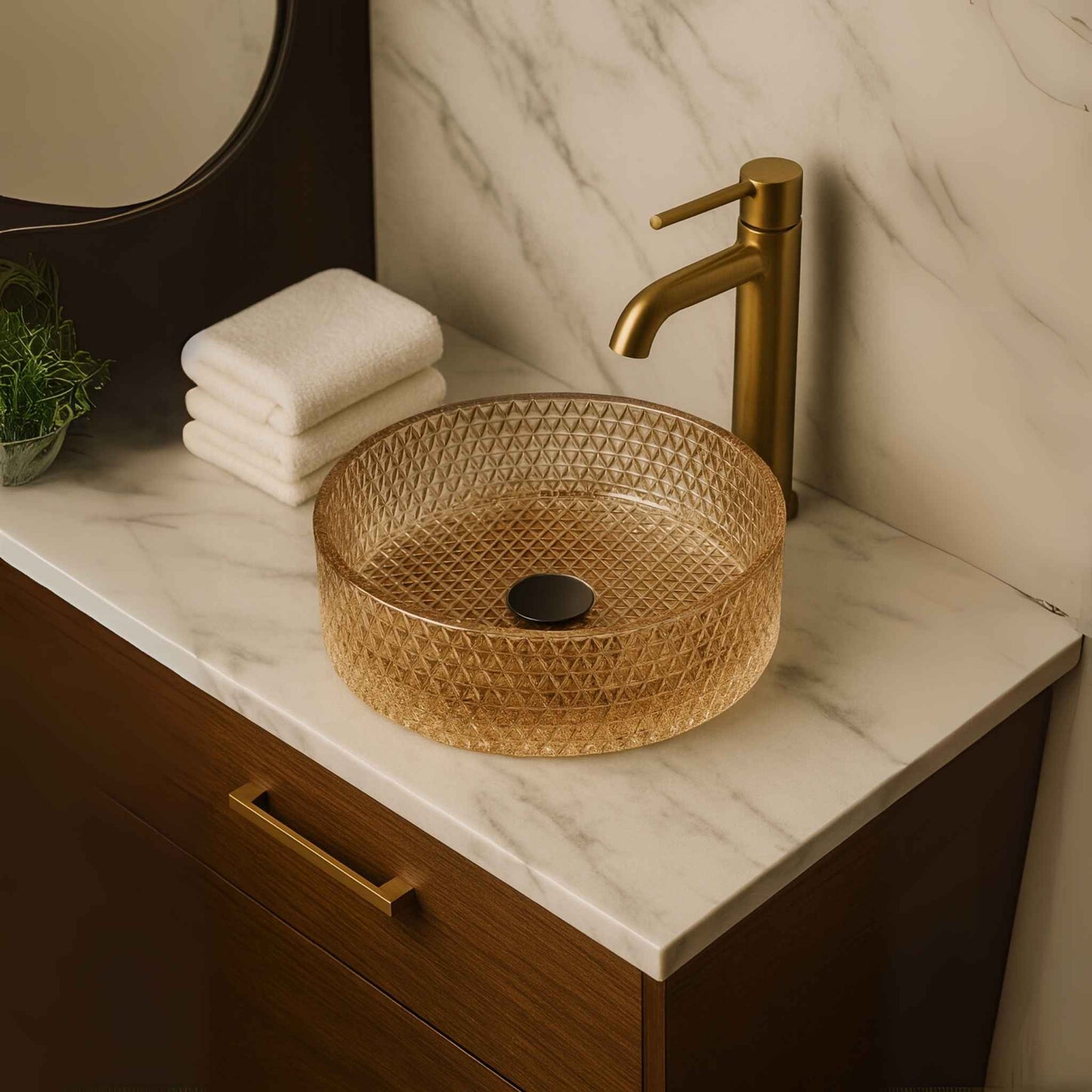 Close-up image showcasing diamond texture of golden glass wash basin