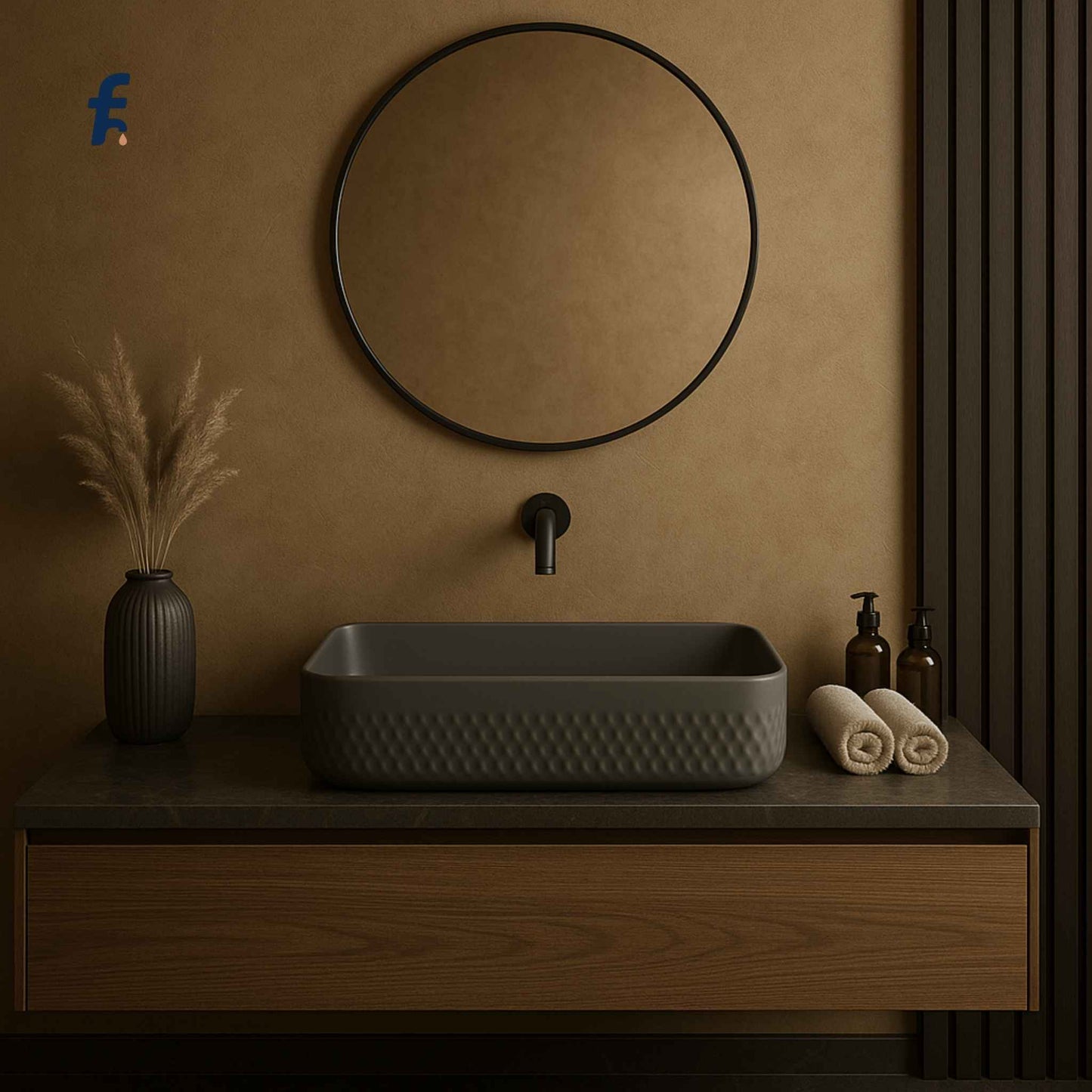Bathroom setup with a dark gray sink, round mirror, and minimal decor on a brown wall.
