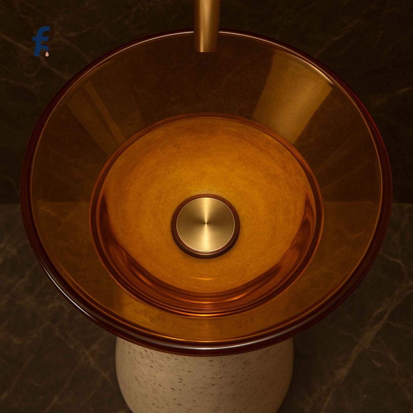 Bronze sink with a textured base on a dark background, Close-up overhead view of EQAS-085 amber glass bowl in designer bathroom