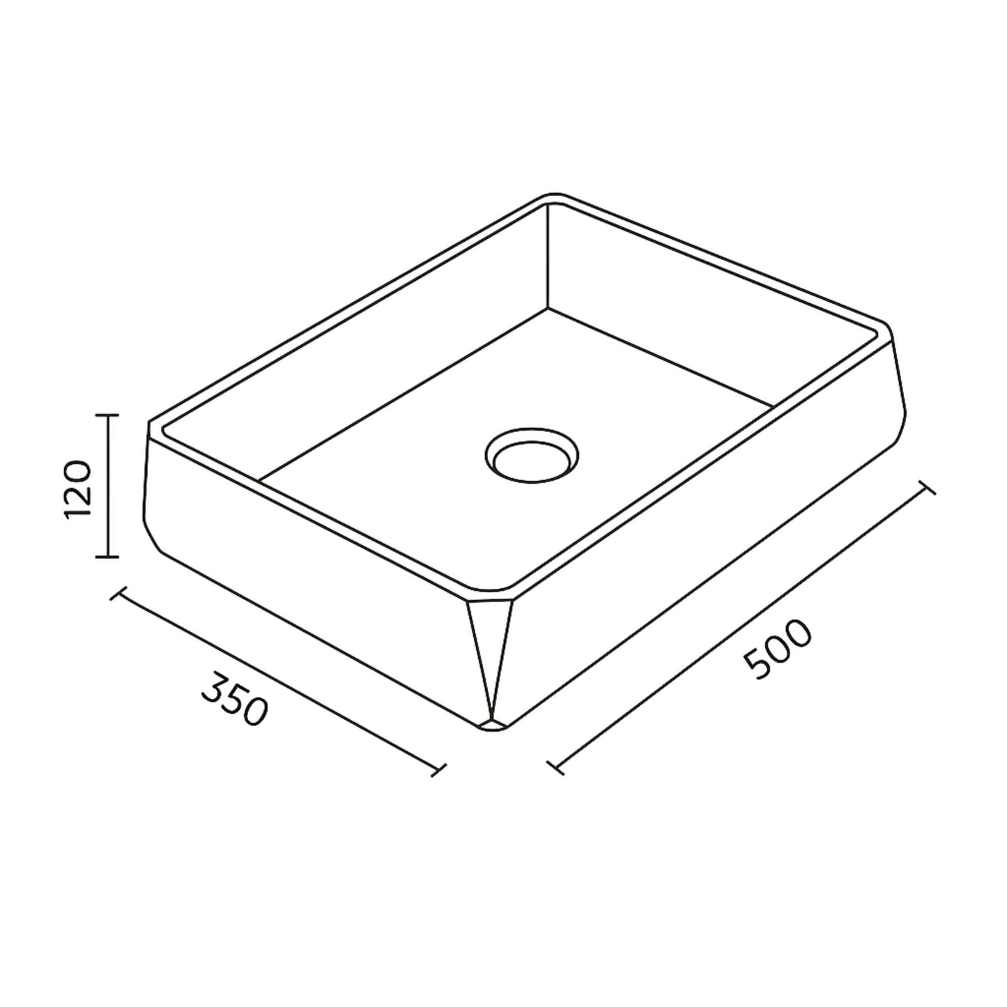 Technical drawing of a rectangular sink with dimensions labeled