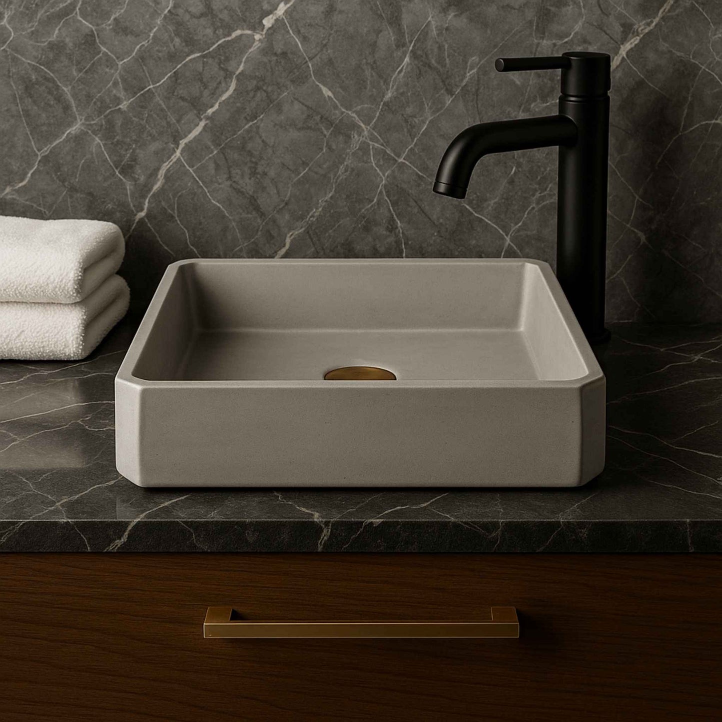 Side top angled view of industrial concrete bathroom sink