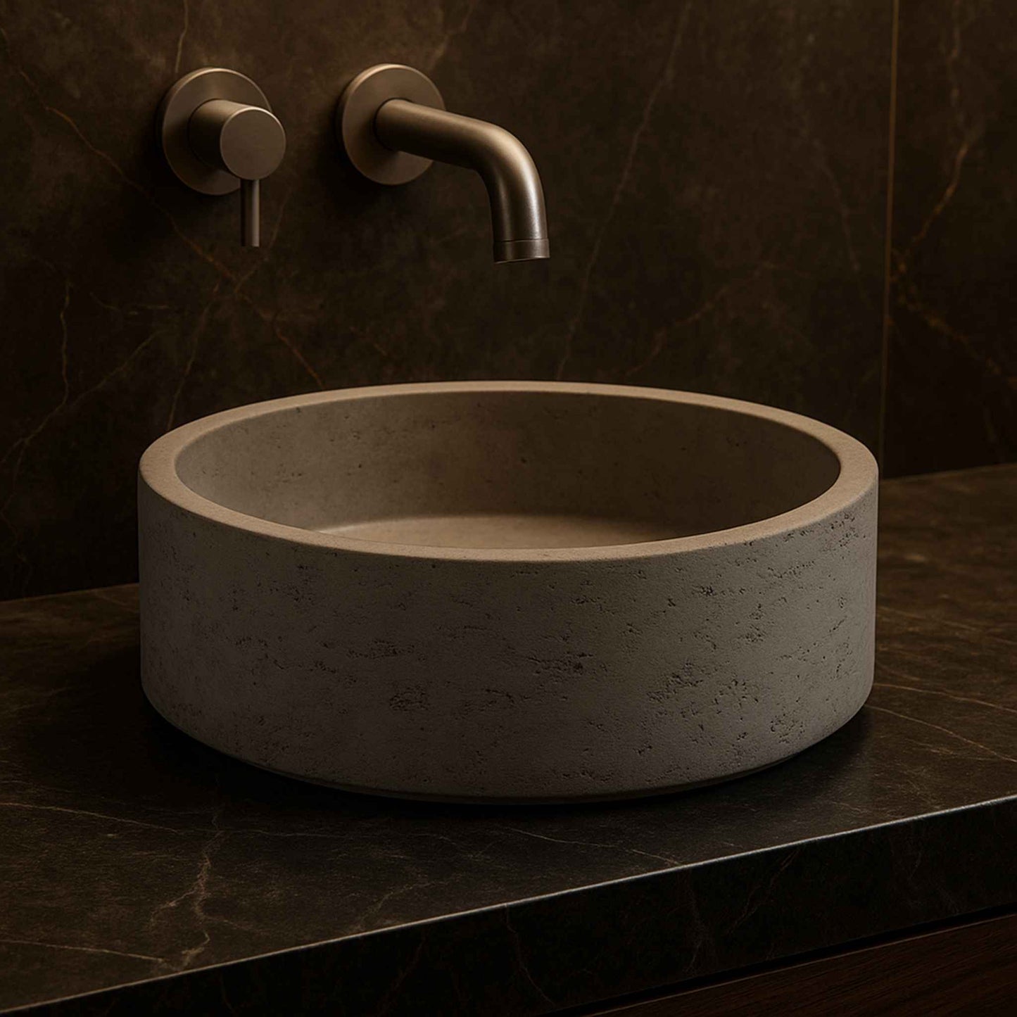 Side close-up view of Concrete : 04 round wash basin showcasing raw concrete texture and handcrafted natural finish in a luxury bathroom setting