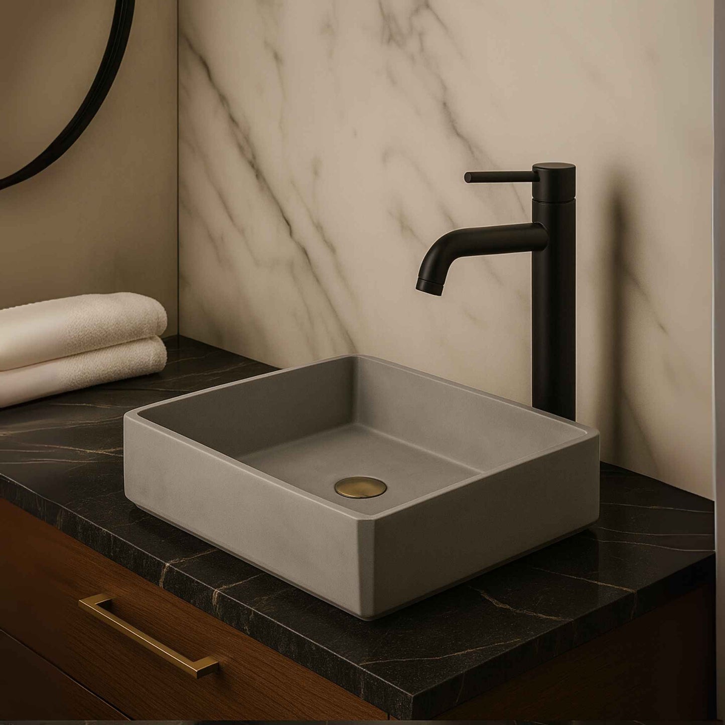 Front angle view of luxury concrete wash basin 500x350mm in modern bathroom