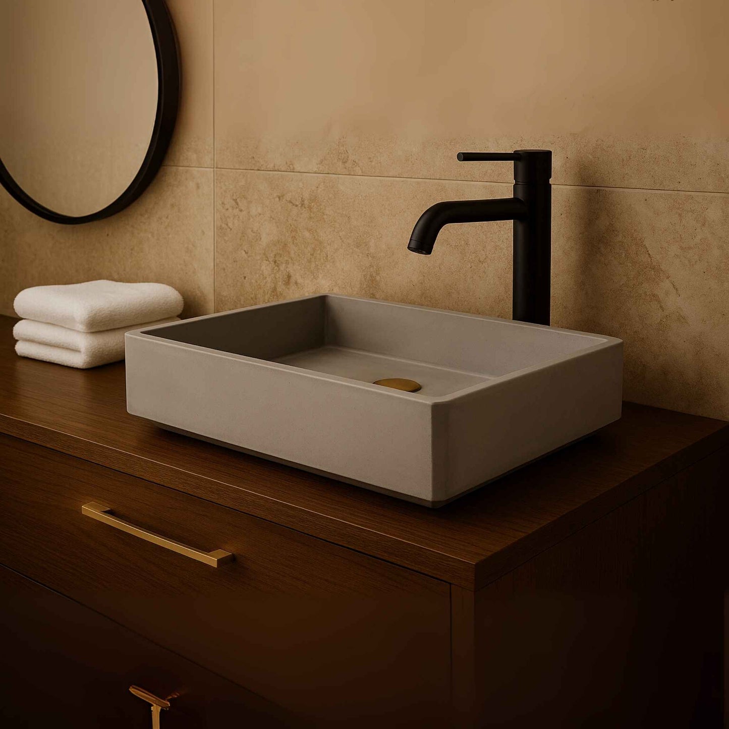 Full bathroom vanity featuring modern concrete rectangular basin