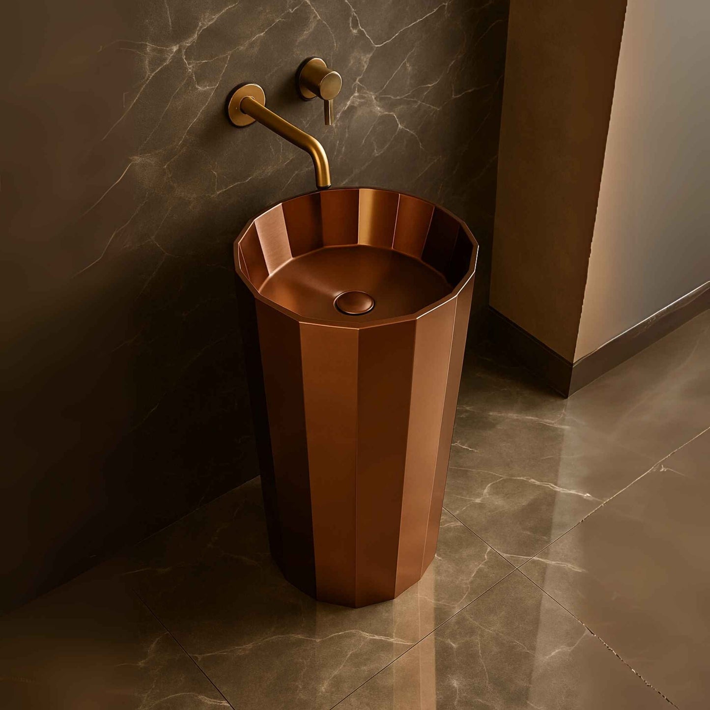 Top angle view of modern copper freestanding basin with fluted design