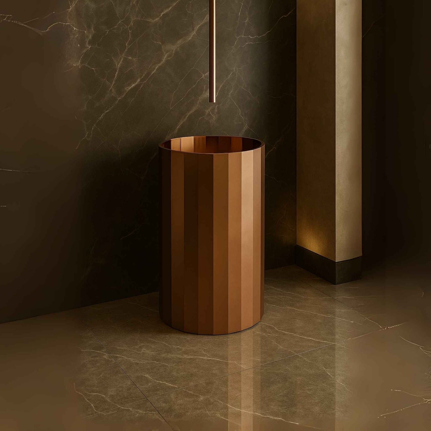 Front view of copper fluted pedestal wash basin in a luxury bathroom