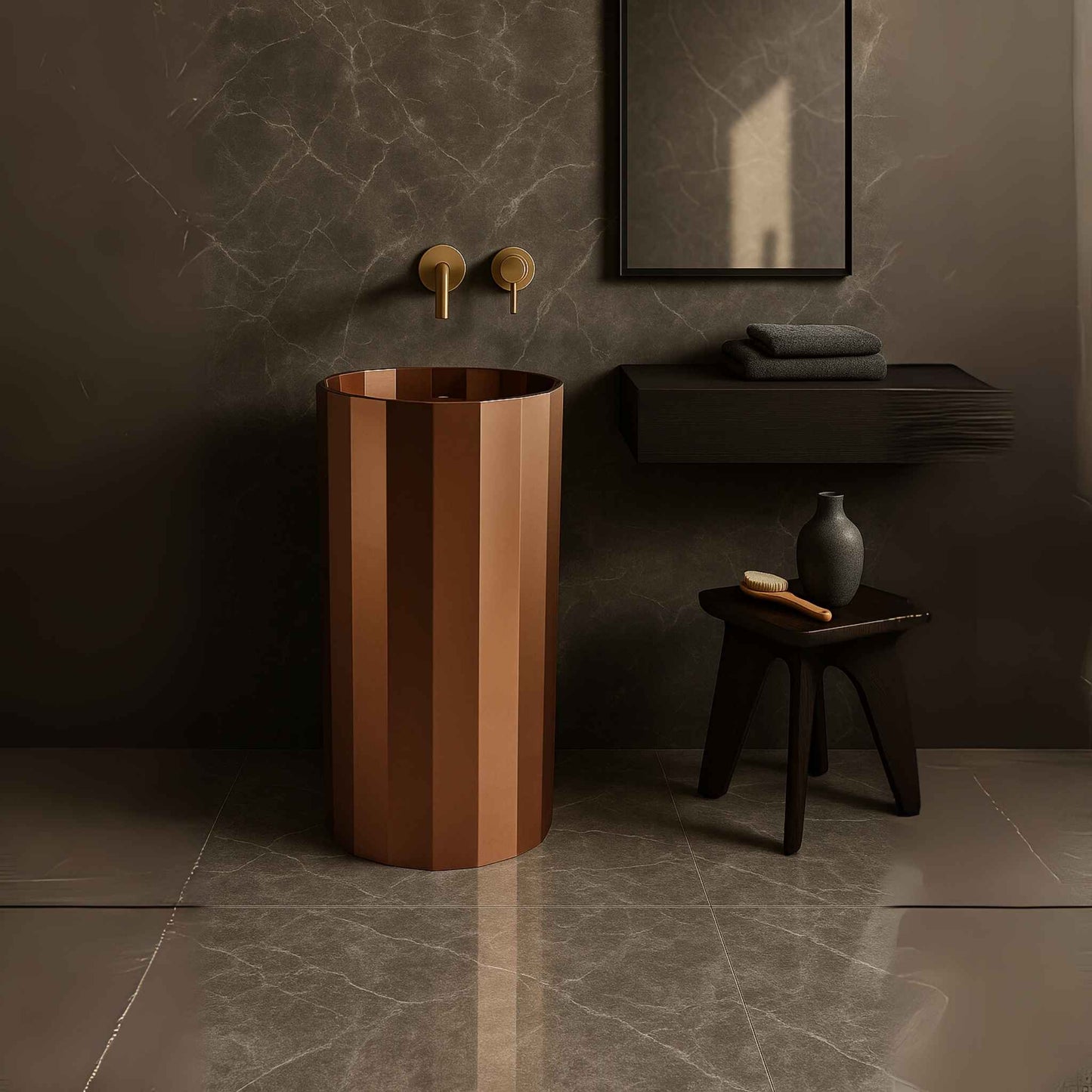Full bathroom with freestanding copper pedestal wash basin and marble