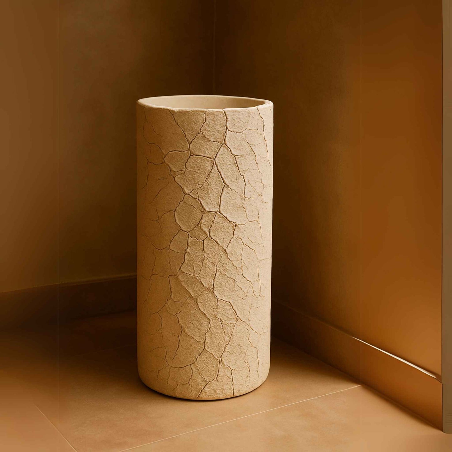 Side profile of cracked texture ivory pedestal wash basin