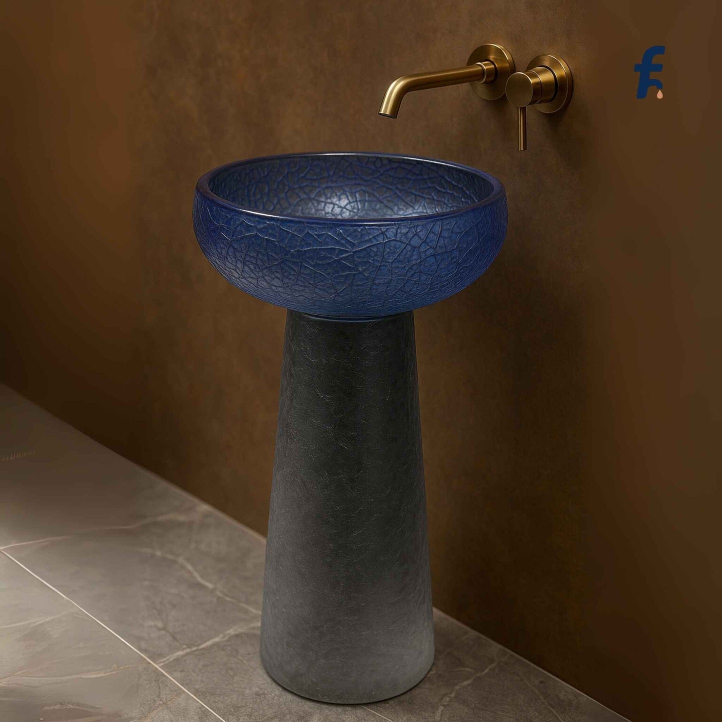 Side close-up view showing details of blue crackled glass bowl on pedestal