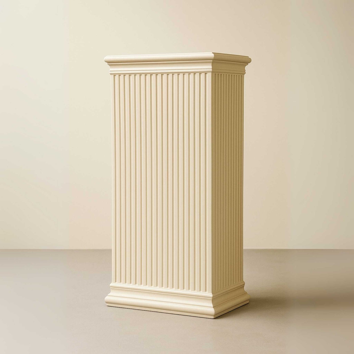 Angled view of classic cream pedestal basin in beige interior