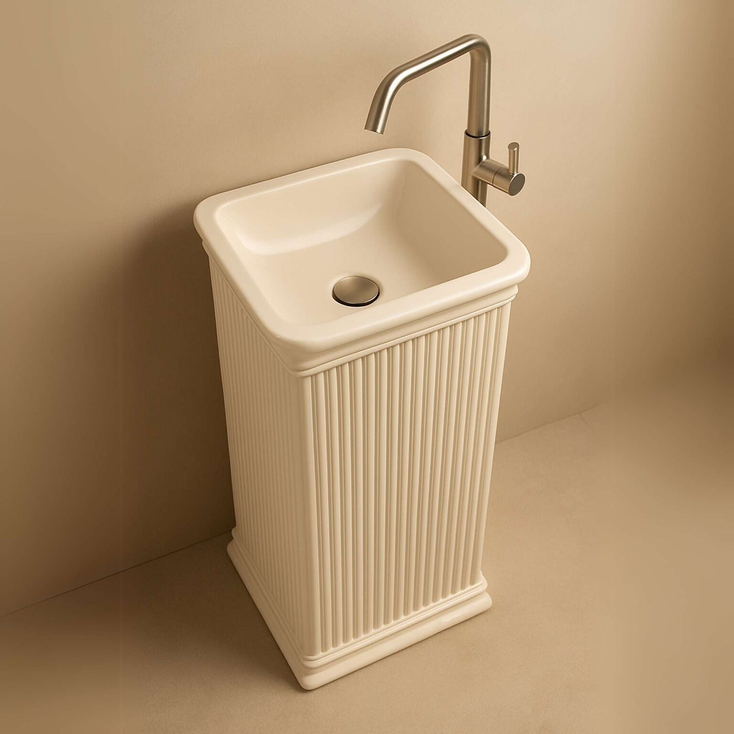 Top view of cream ceramic basin with standing faucet