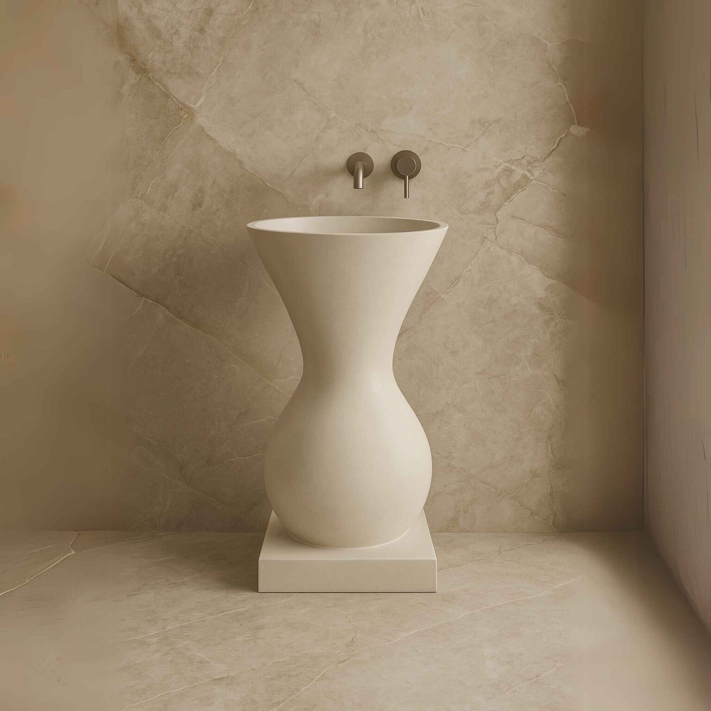 Front view of matte cream pedestal washbasin with hourglass form