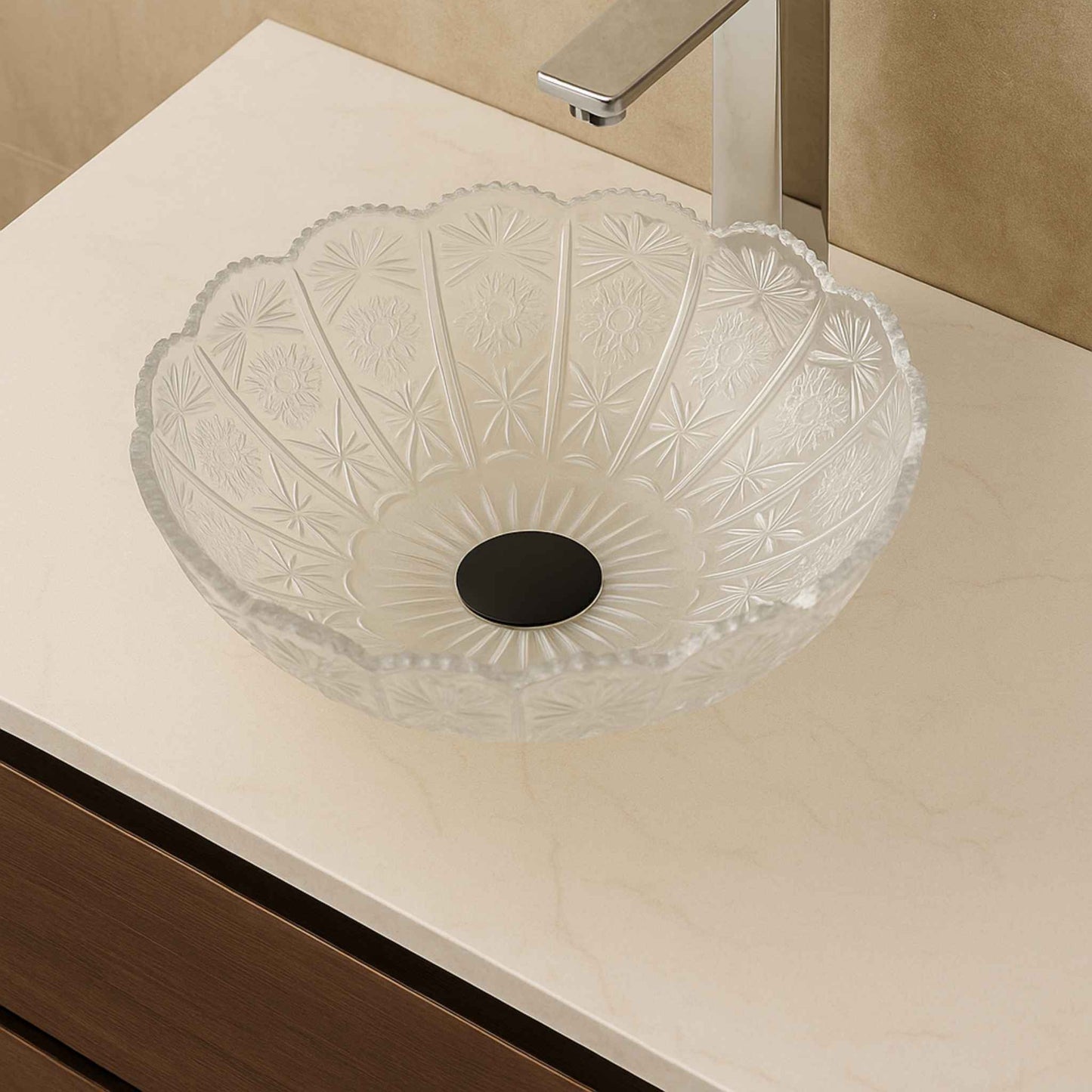 Front view of 415mm designer crystal glass washbasin with floral scalloped design