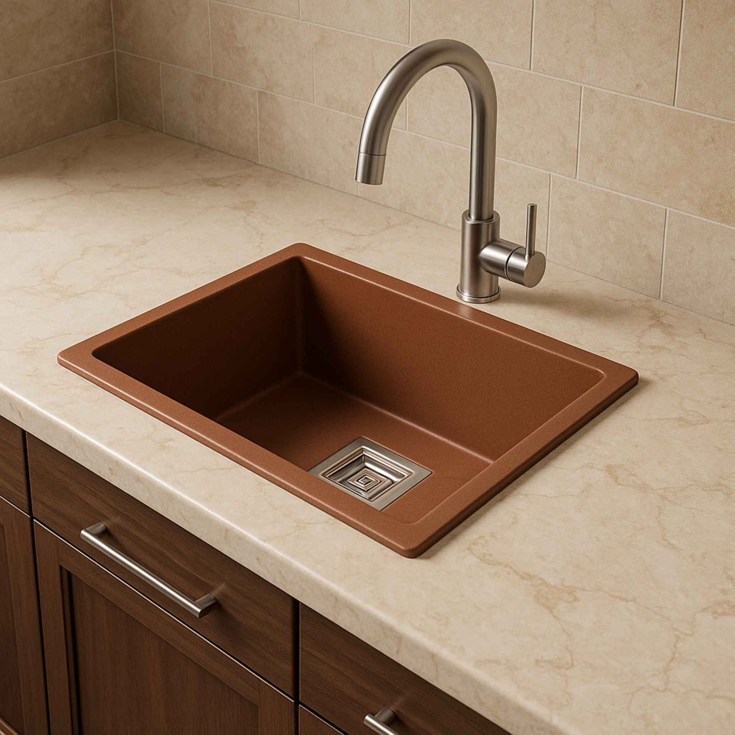 Pearl Brown metallic sink installed in marble kitchen counter