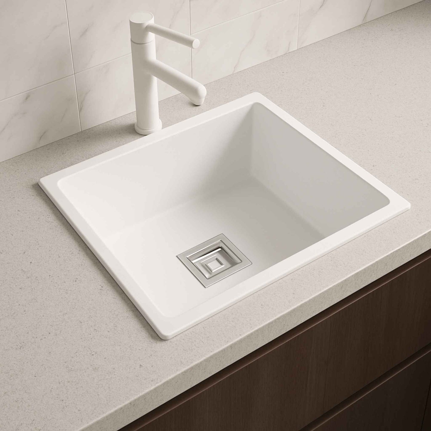 Side profile of premium white metallic sink showing depth and finish