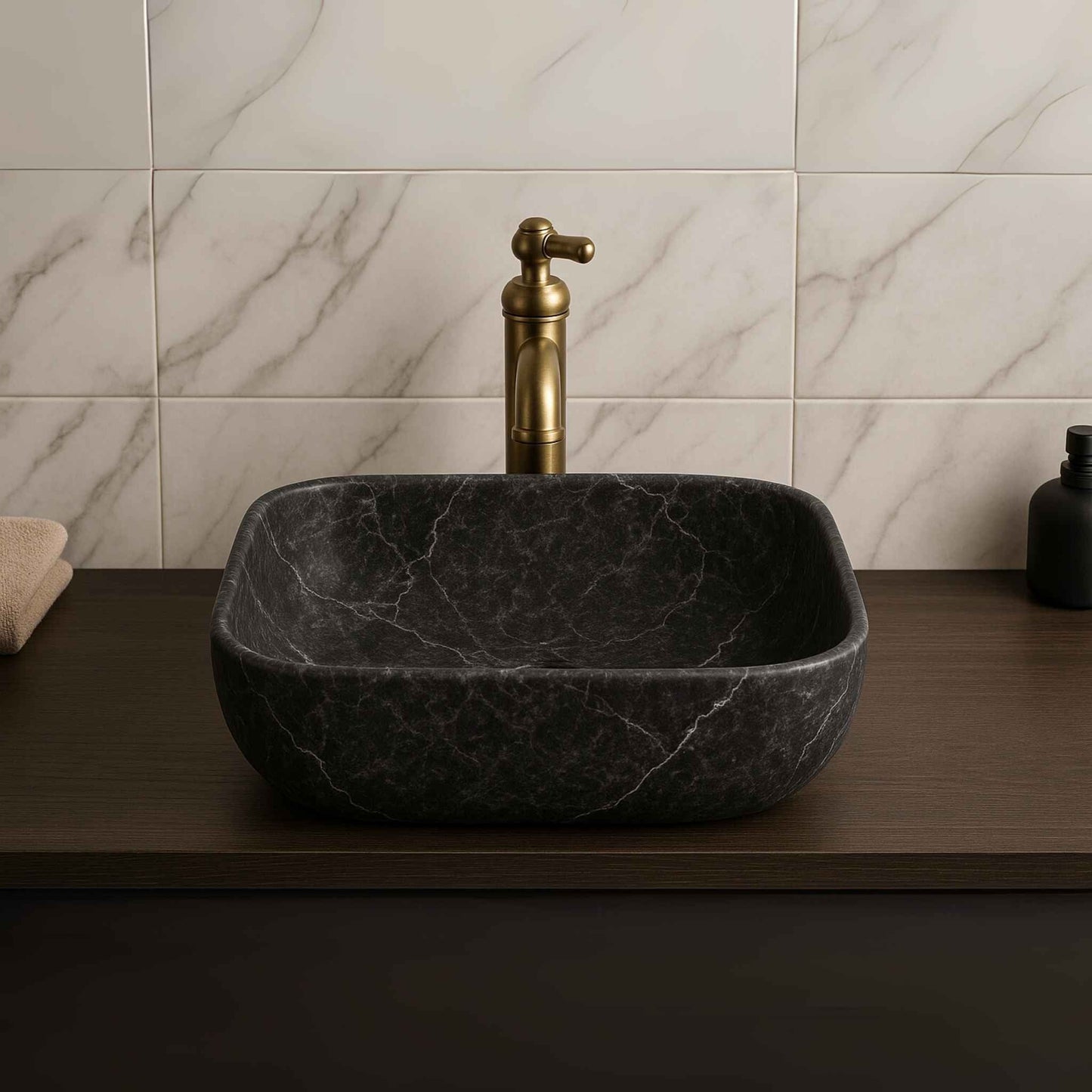 Front view of rectangular dark grey marble finish wash basin on modern bathroom vanity