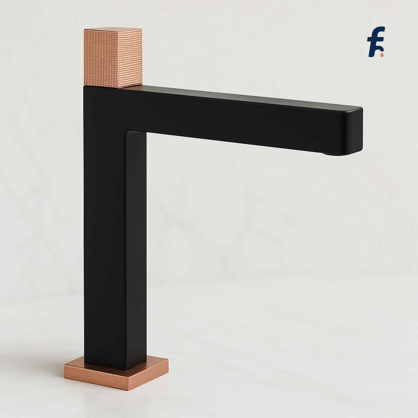 Black faucet with copper accents on a light gray background, Modern designer faucet for vessel sink in matte black finish