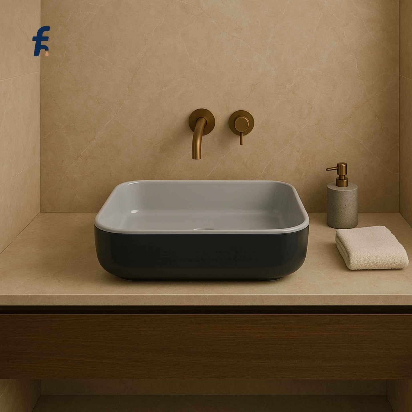 Black and grey ceramic table top wash basin, Bathroom sink with gold faucet and soap dispenser on a beige countertop.