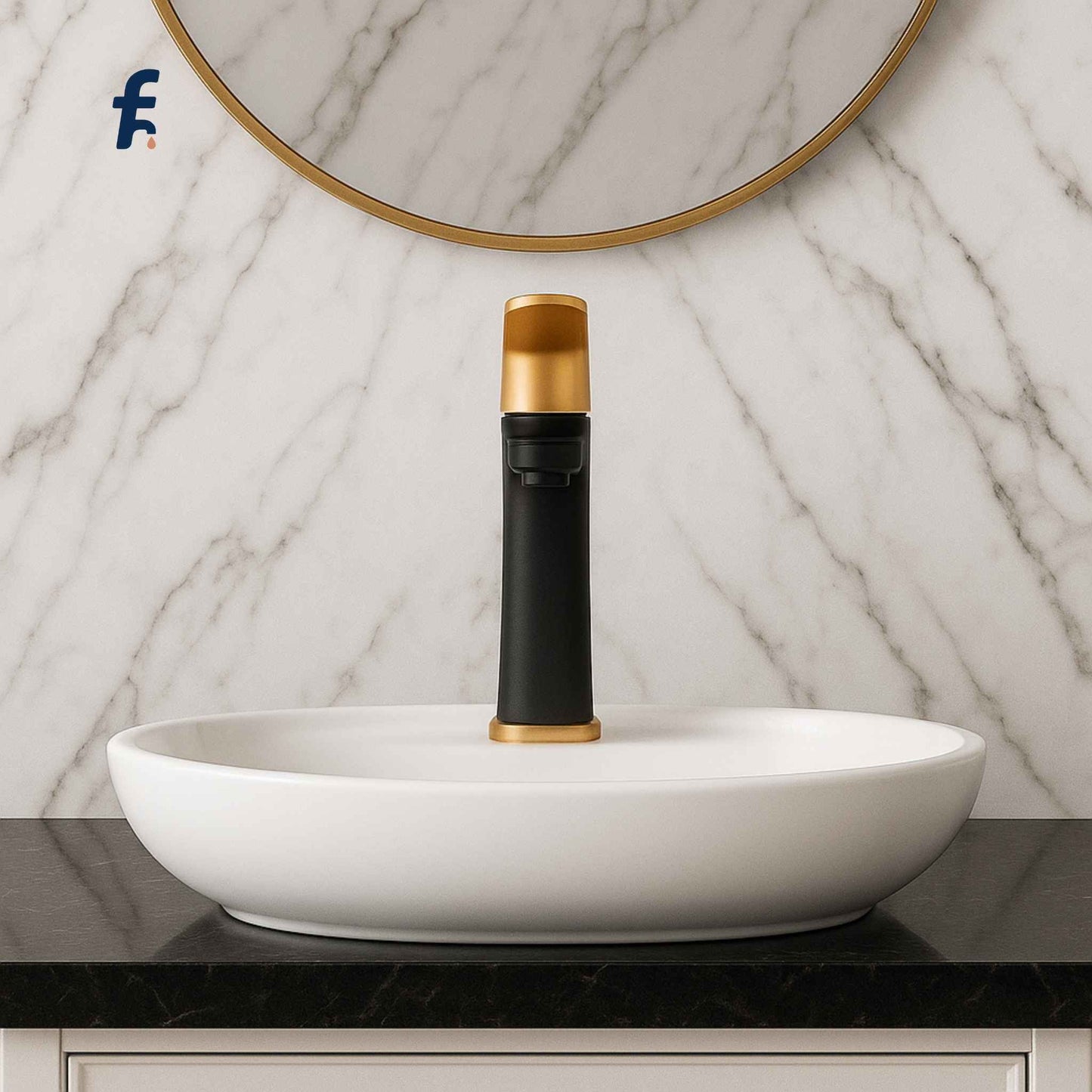 Designer black faucet with glass basin in luxury bathroom