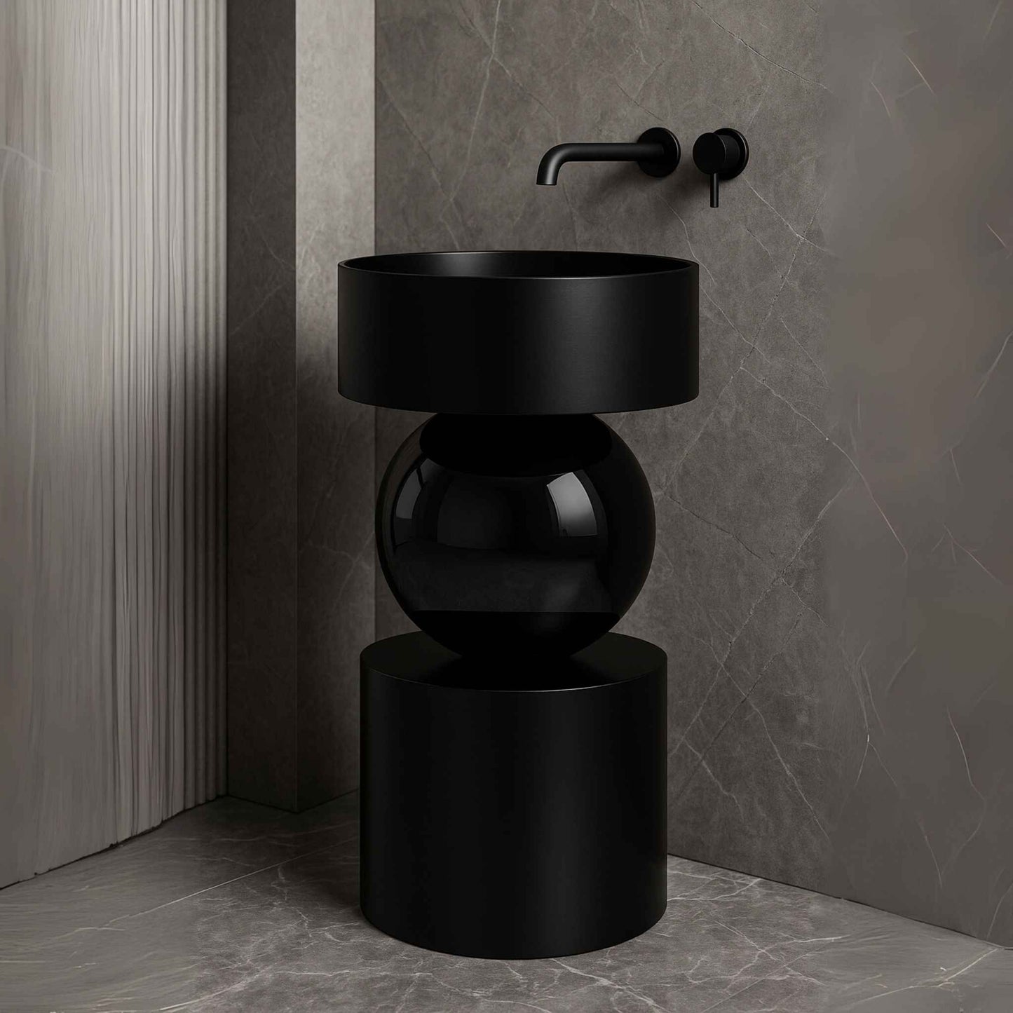 Side angle of designer freestanding black bathroom sink