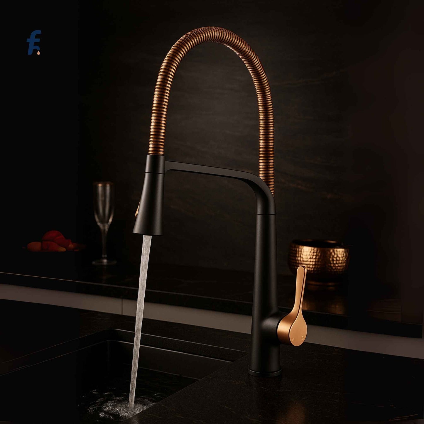 45-degree angled view of rose gold kitchen faucet with industrial spring neck and matte black finish