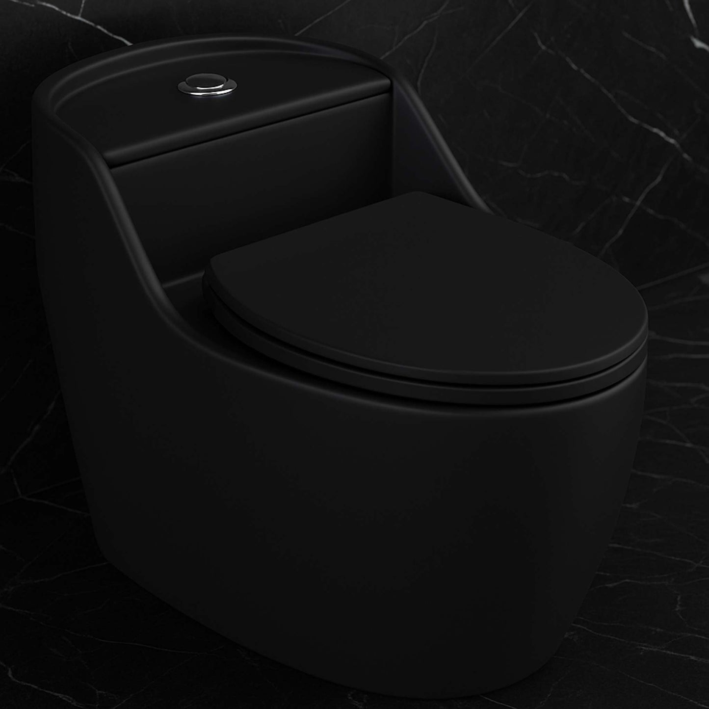 Side angle close-up of matte black toilet with seamless finish
