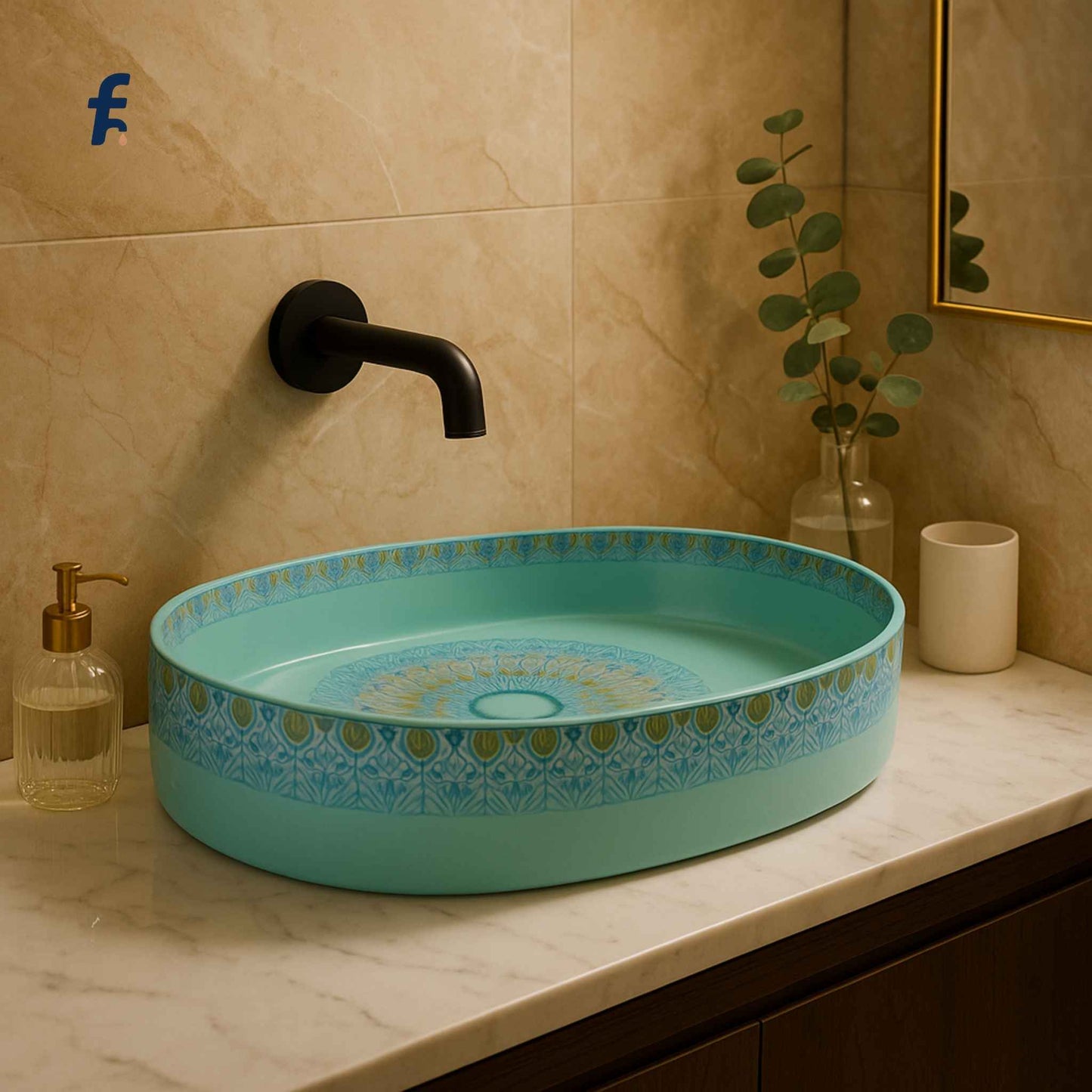 Side close-up view of designer countertop wash basin with handcrafted mandala pattern