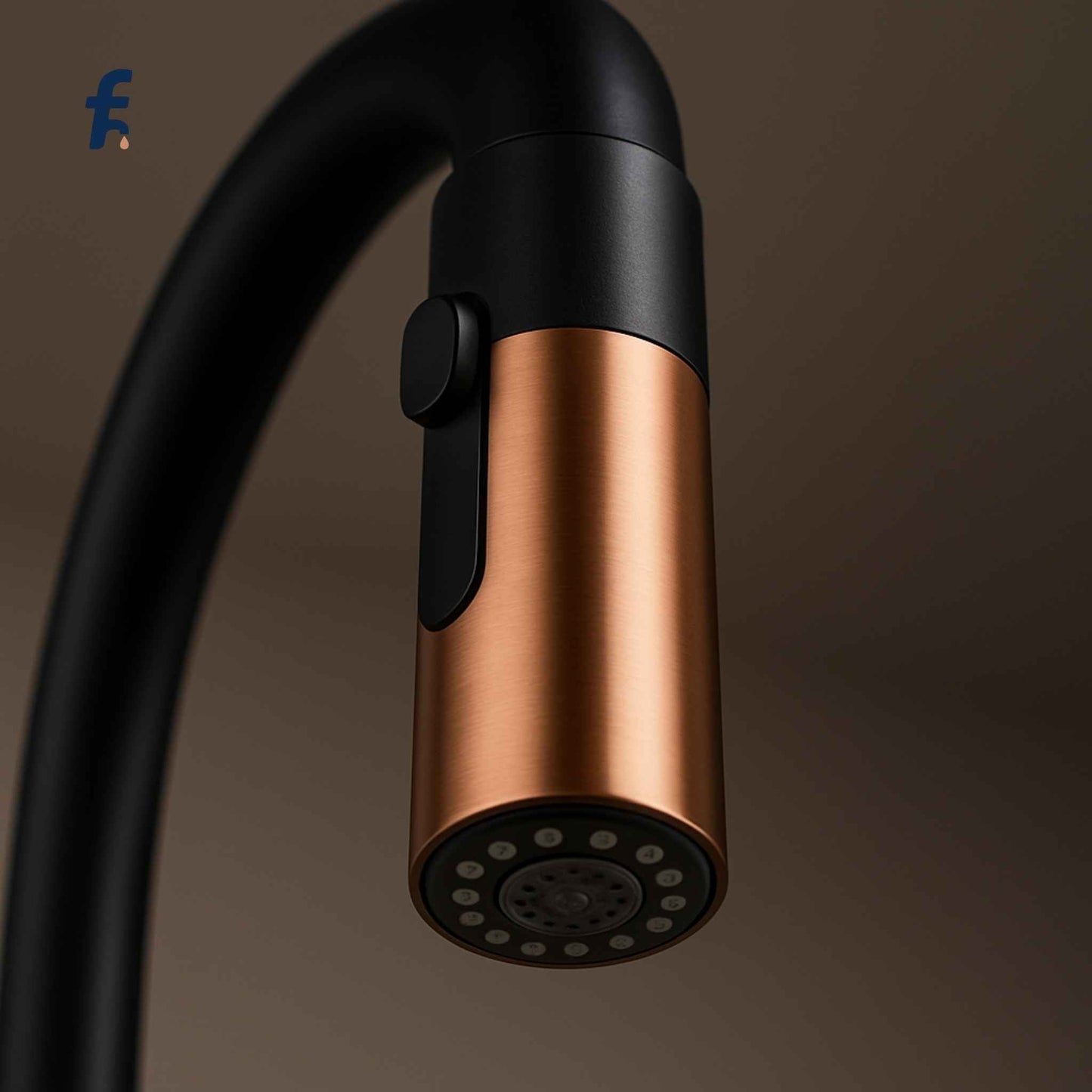 Angled 45-degree perspective of premium black and rose gold kitchen sink faucet with pull-out sprayer